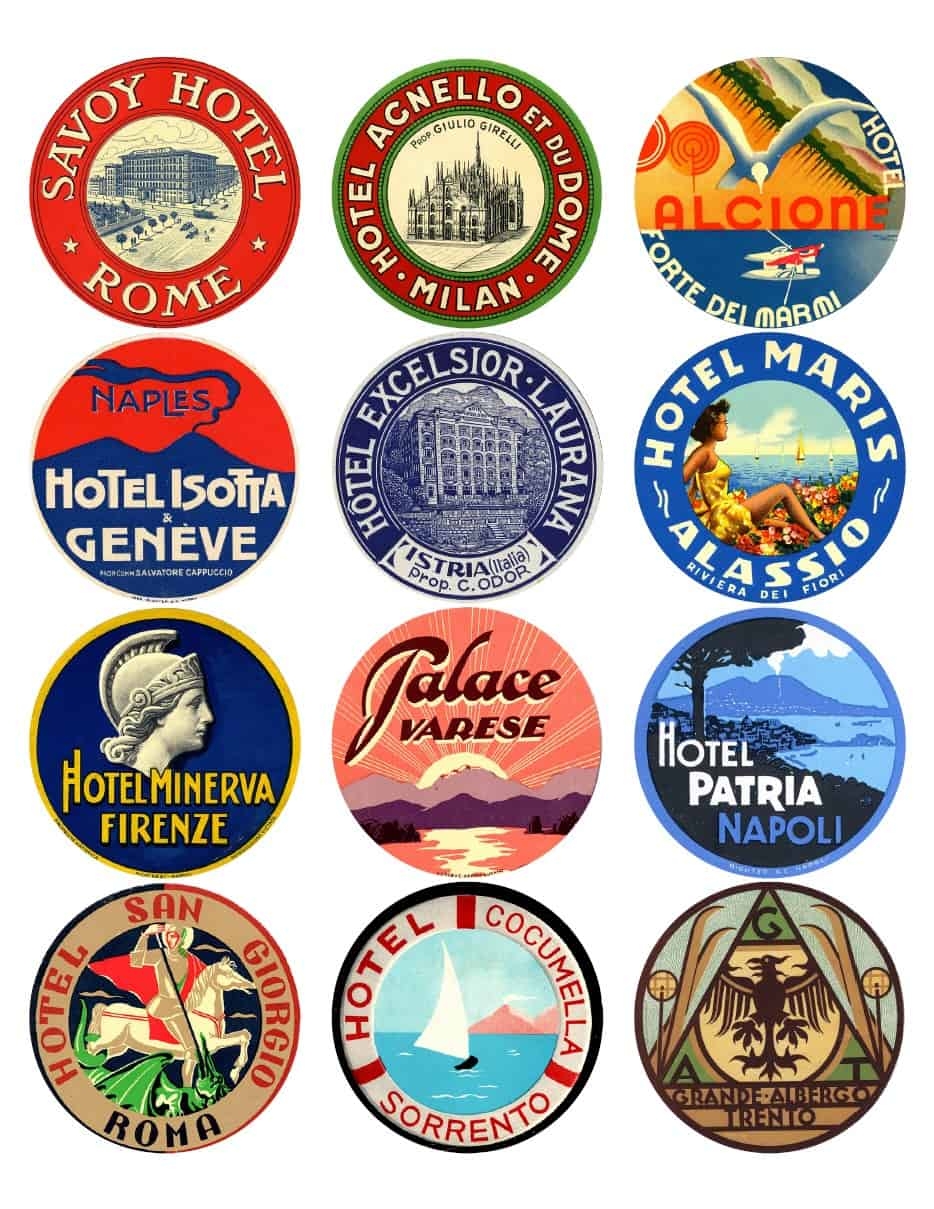 12x VINTAGE LUGGAGE LABELS FROM ITALY Vintralab
