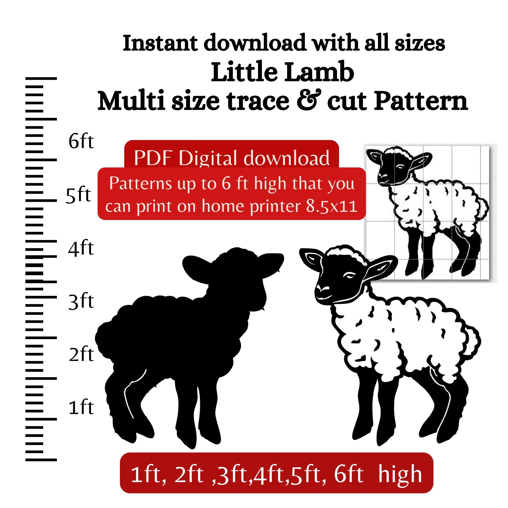 1ft 2ft 3ft 4ft 5ft Life Size Easter Lamb PDF Template printable Trace And Cut Easter Sign Stencil Sheep Pattern Wood Cutout Woodworking Etsy