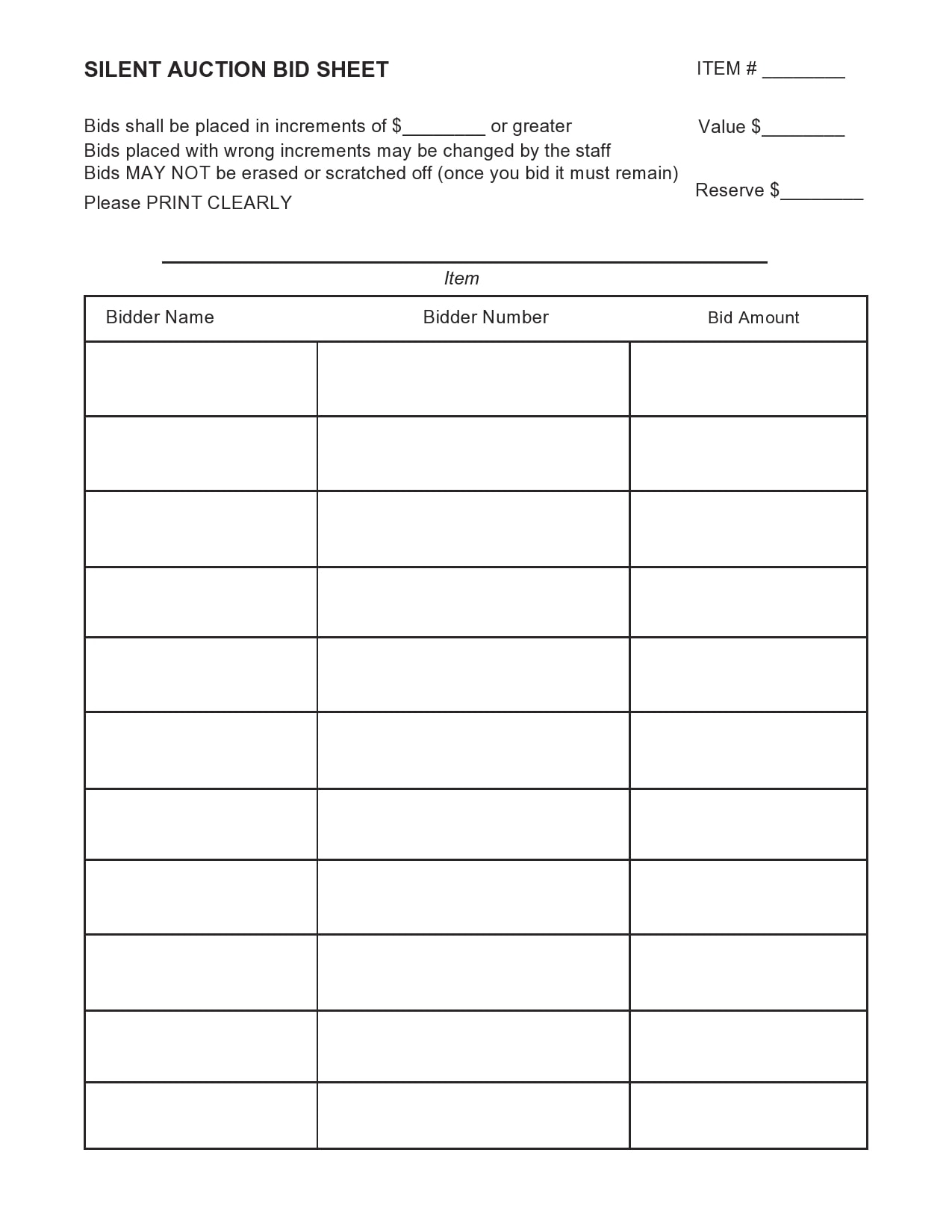 Free Printable Silent Auction Bid Sheets