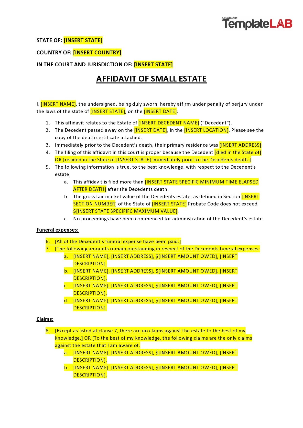 Free Printable Small Estate Affidavit Form