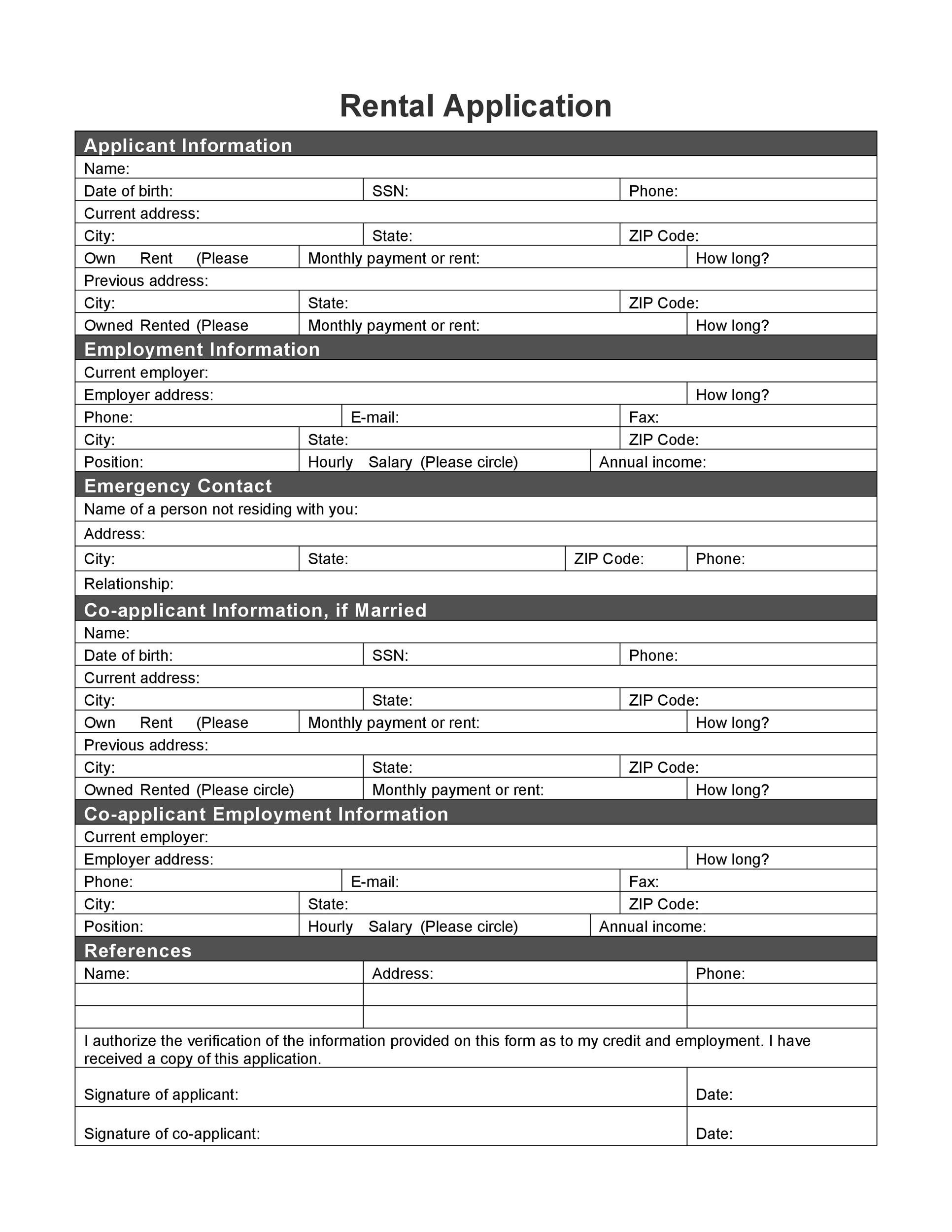 Free Printable Rental Application Form Word