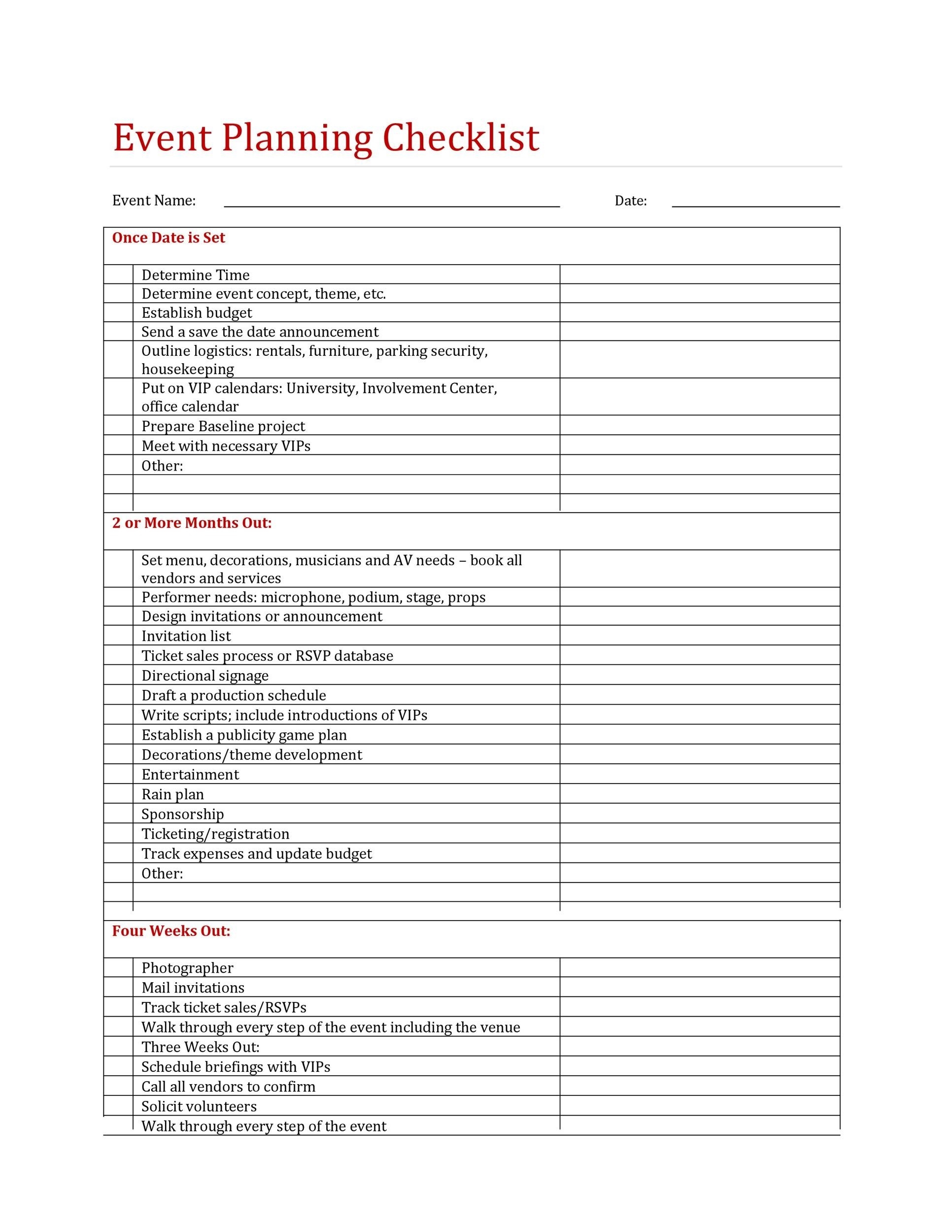 Free Printable Event Planning List