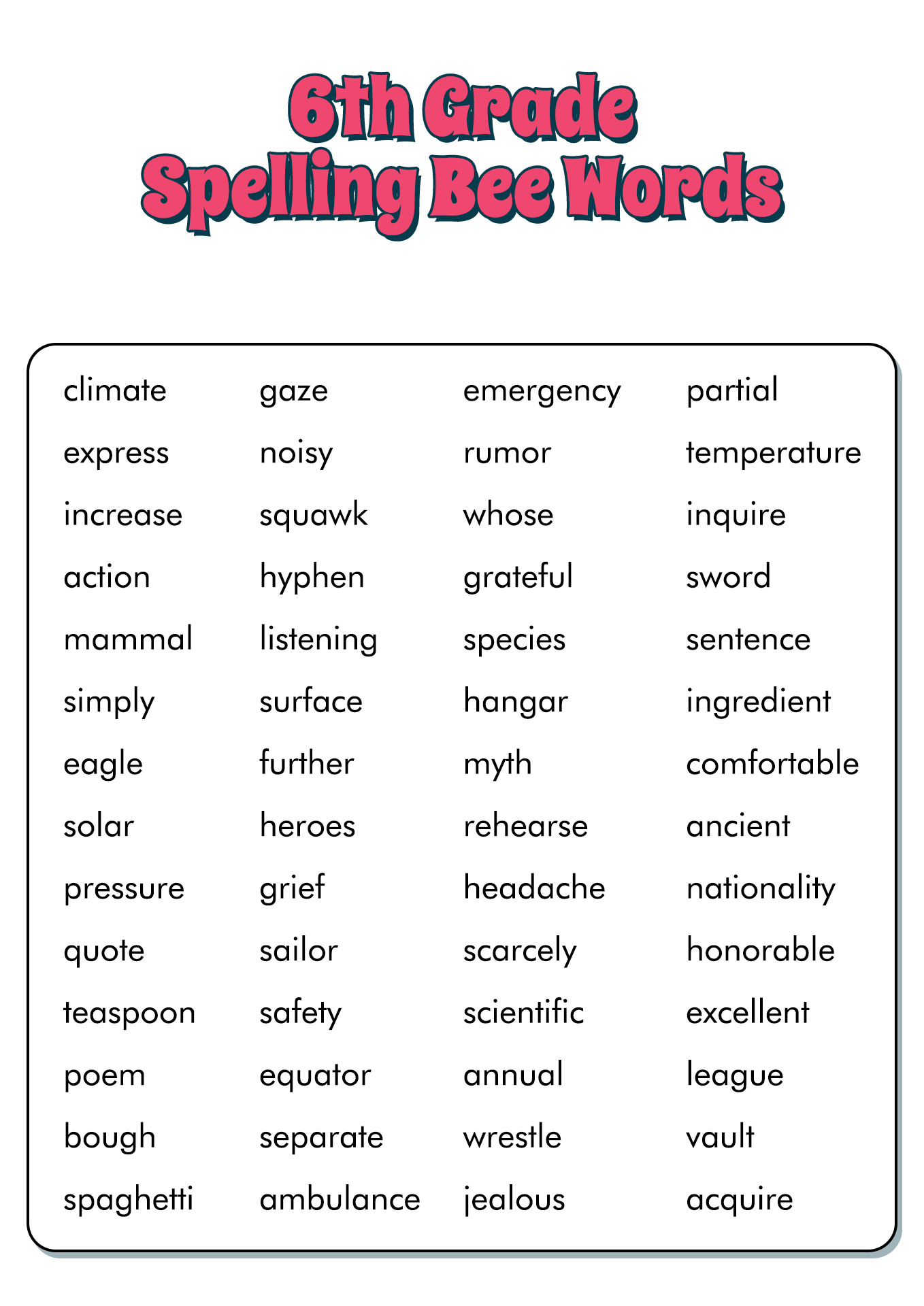 Free Printable Spelling Lists Grade 6