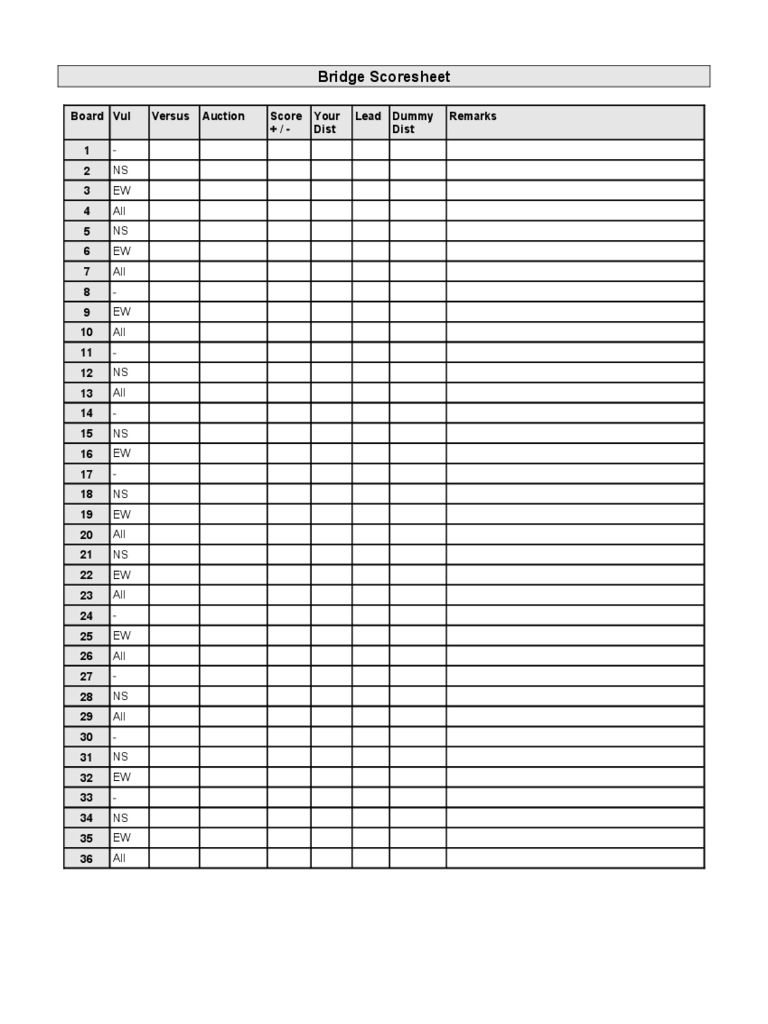 Free Printable Bridge Score Sheets