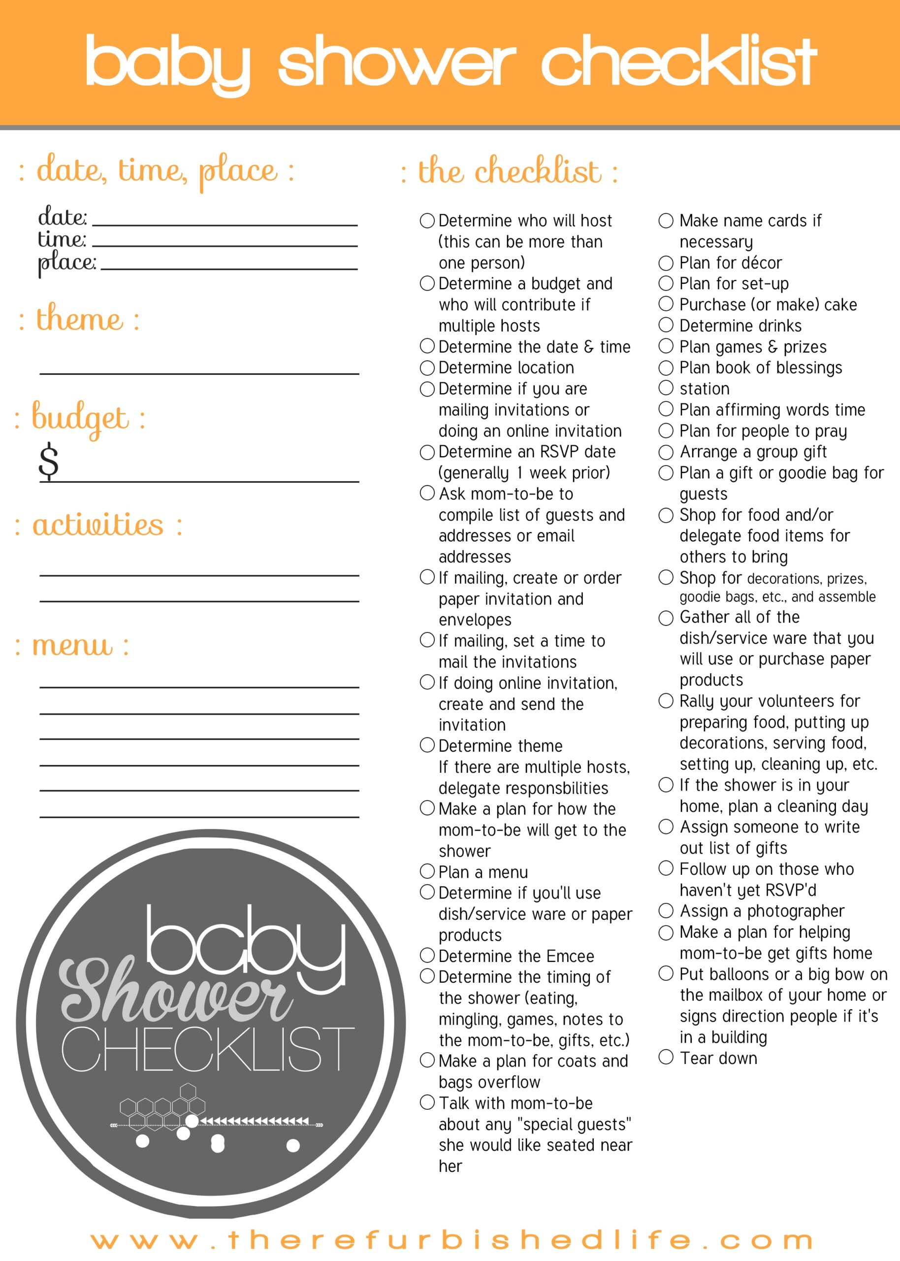 Complete Baby Shower Checklist free Printable R E F U R B I S H E D