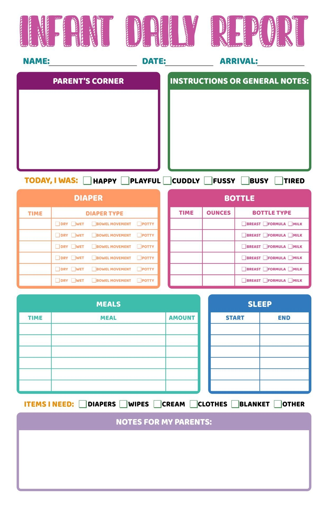 Free Printable Infant Daily Sheets