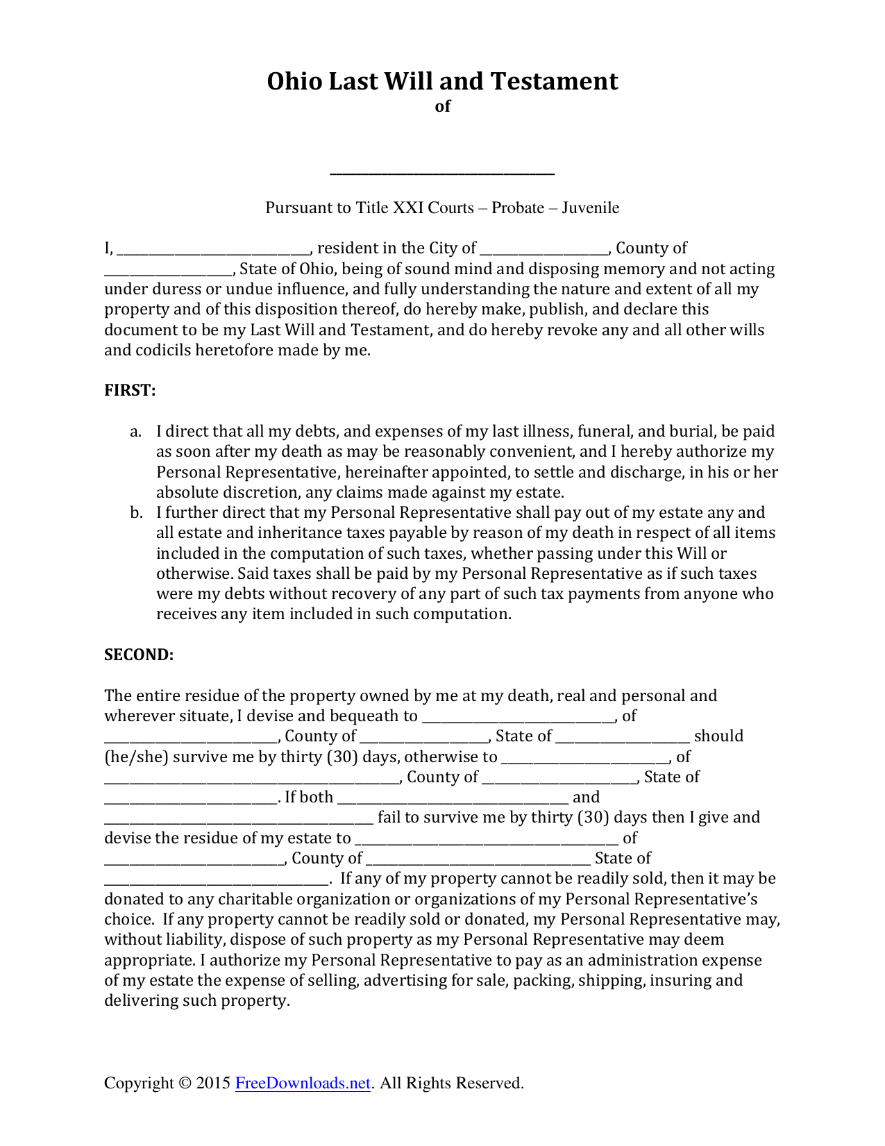 Download Ohio Last Will And Testament Form PDF RTF Word FreeDownloads