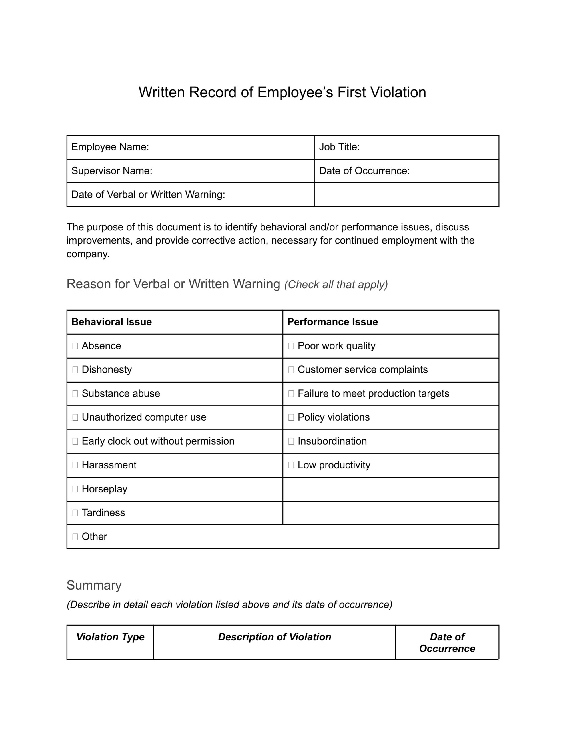 Free Printable Employee Write Up Form