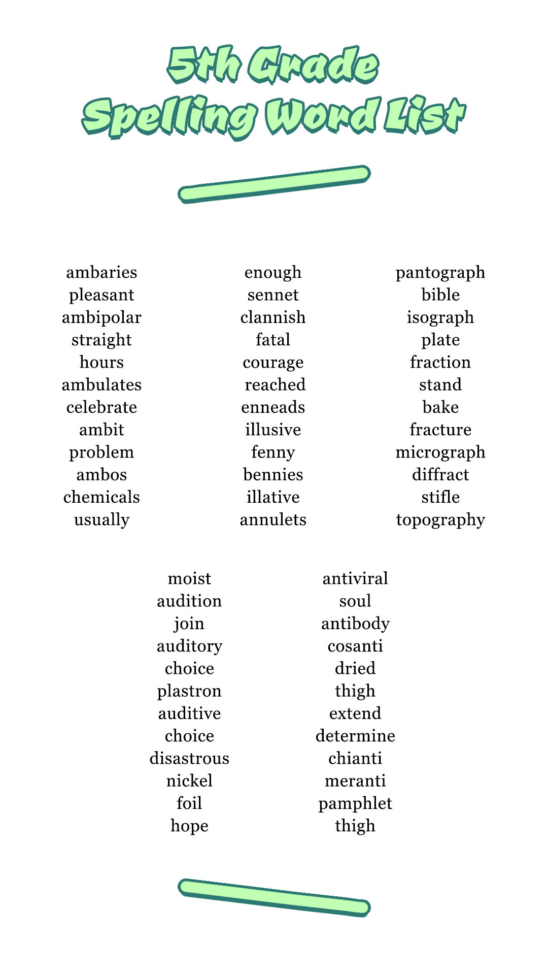 Free Printable Spelling Lists Grade 5