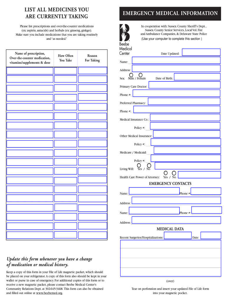 File Of Life Form Fill Online Printable Fillable Blank PdfFiller
