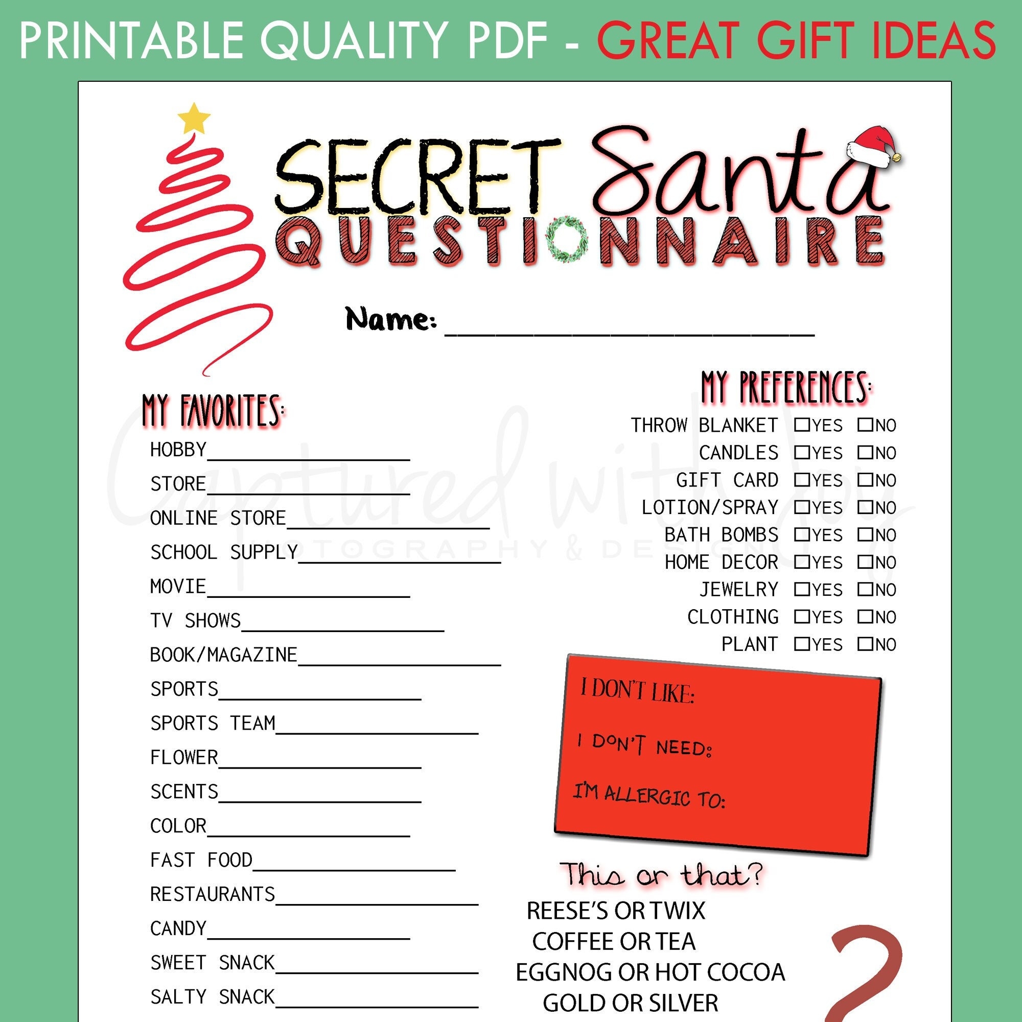 Free Printable Secret Santa Questionnaire