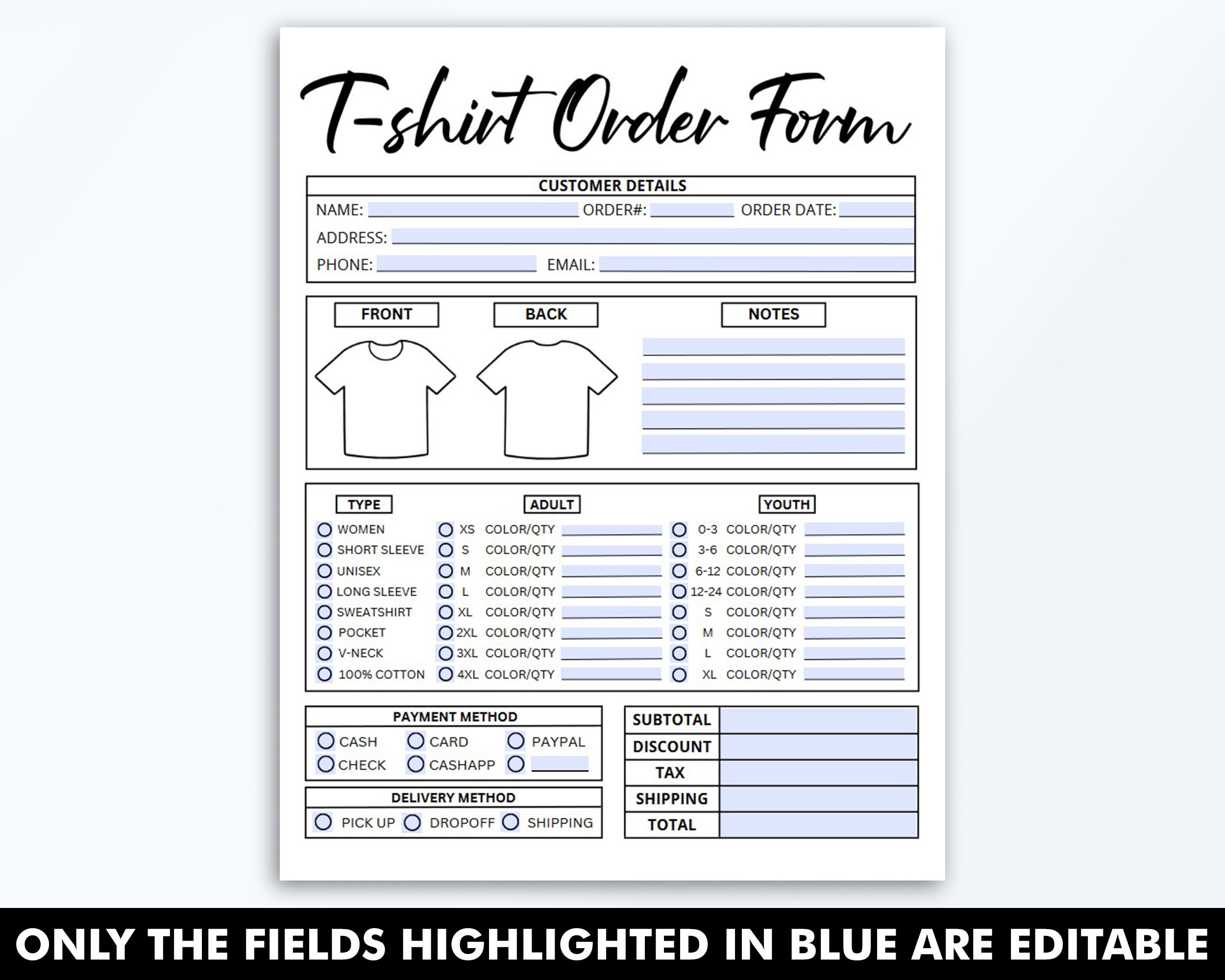 Free Printable T Shirt Order Forms