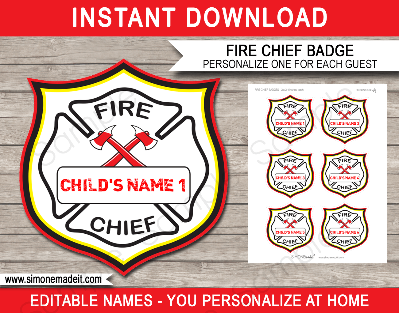 Fire Chief Badges Template Printable Fireman Birthday Party Decorations