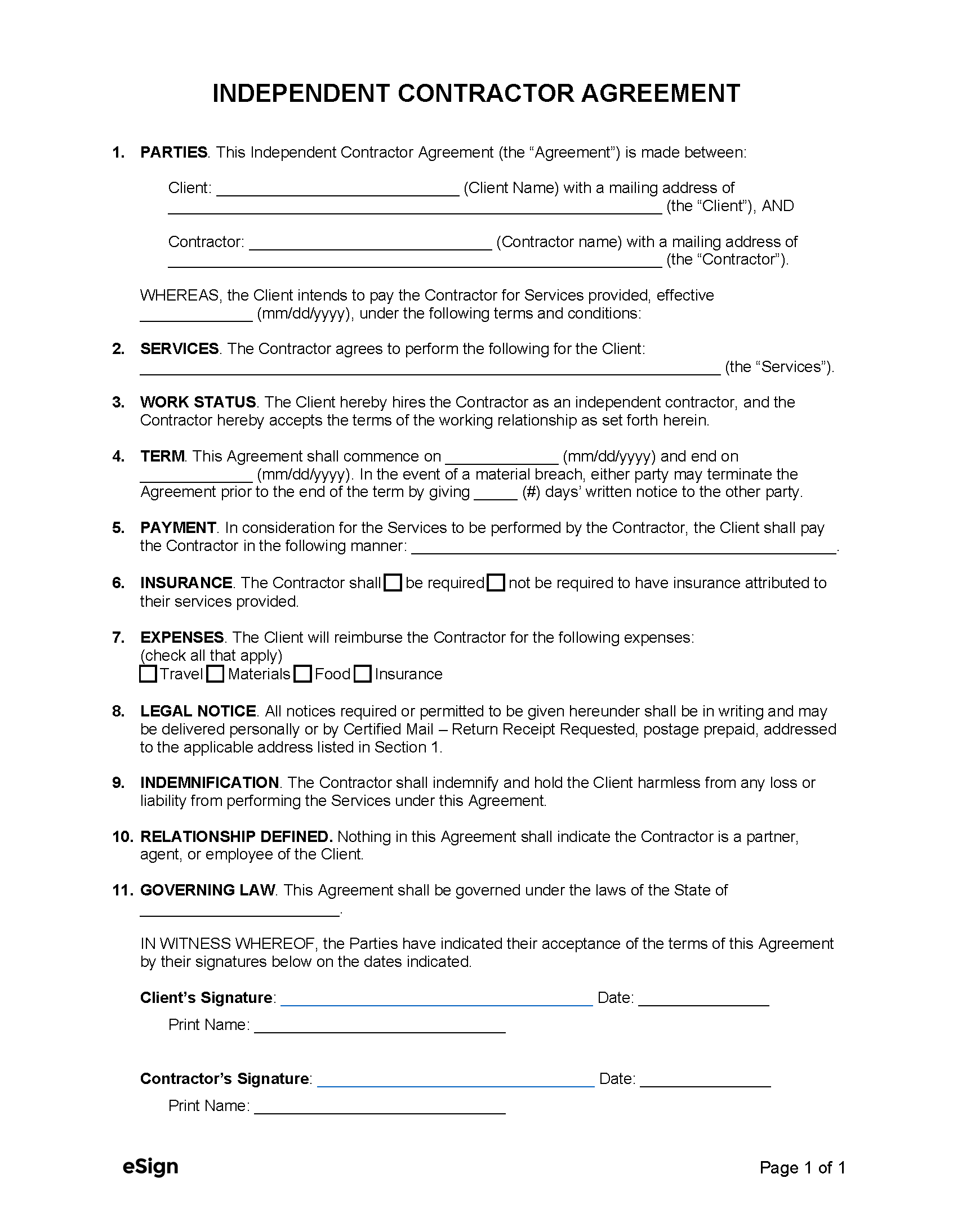Free Printable Independent Contractor Agreement