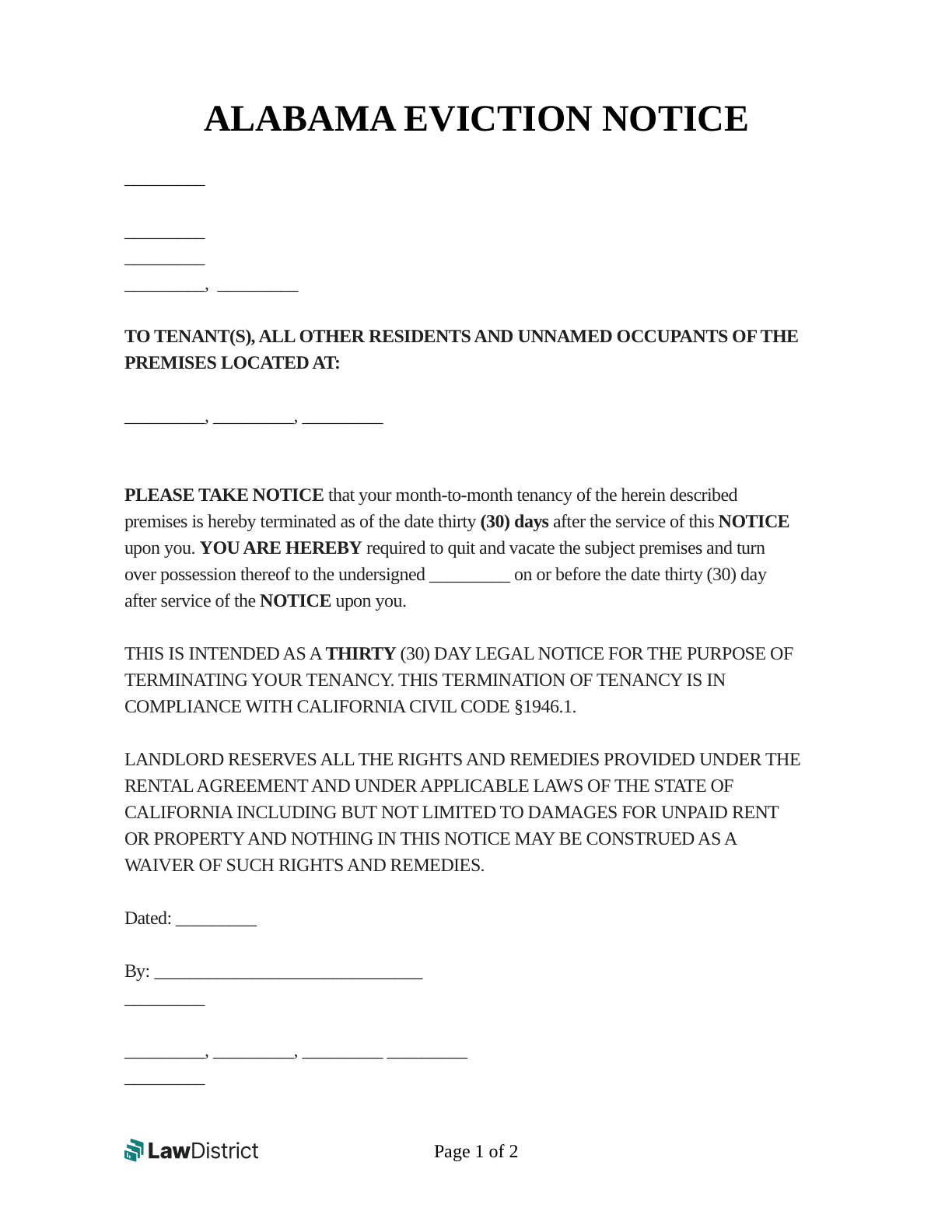 Free Printable Eviction Notice Alabama