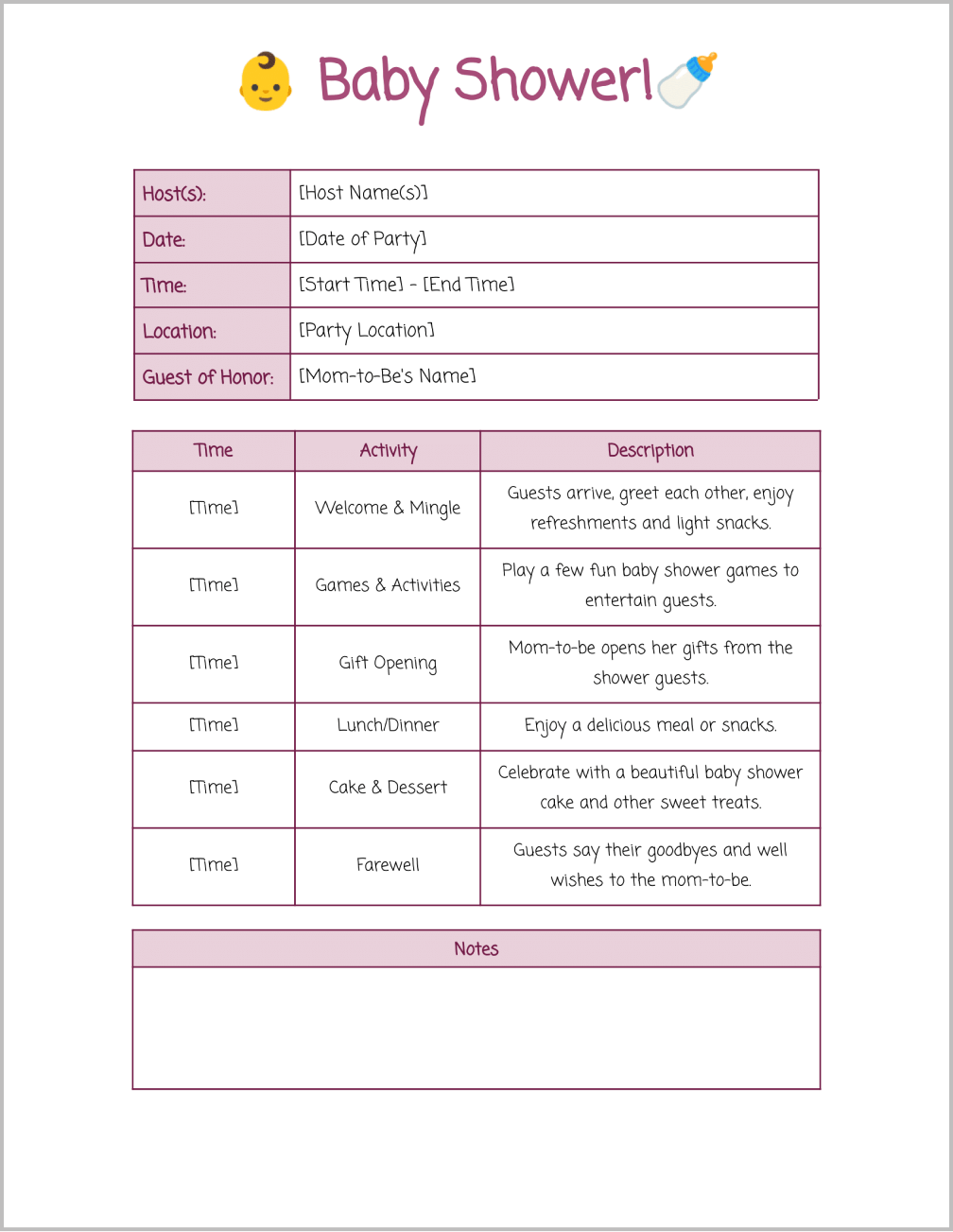 Free Baby Shower Itinerary Template For Google Docs