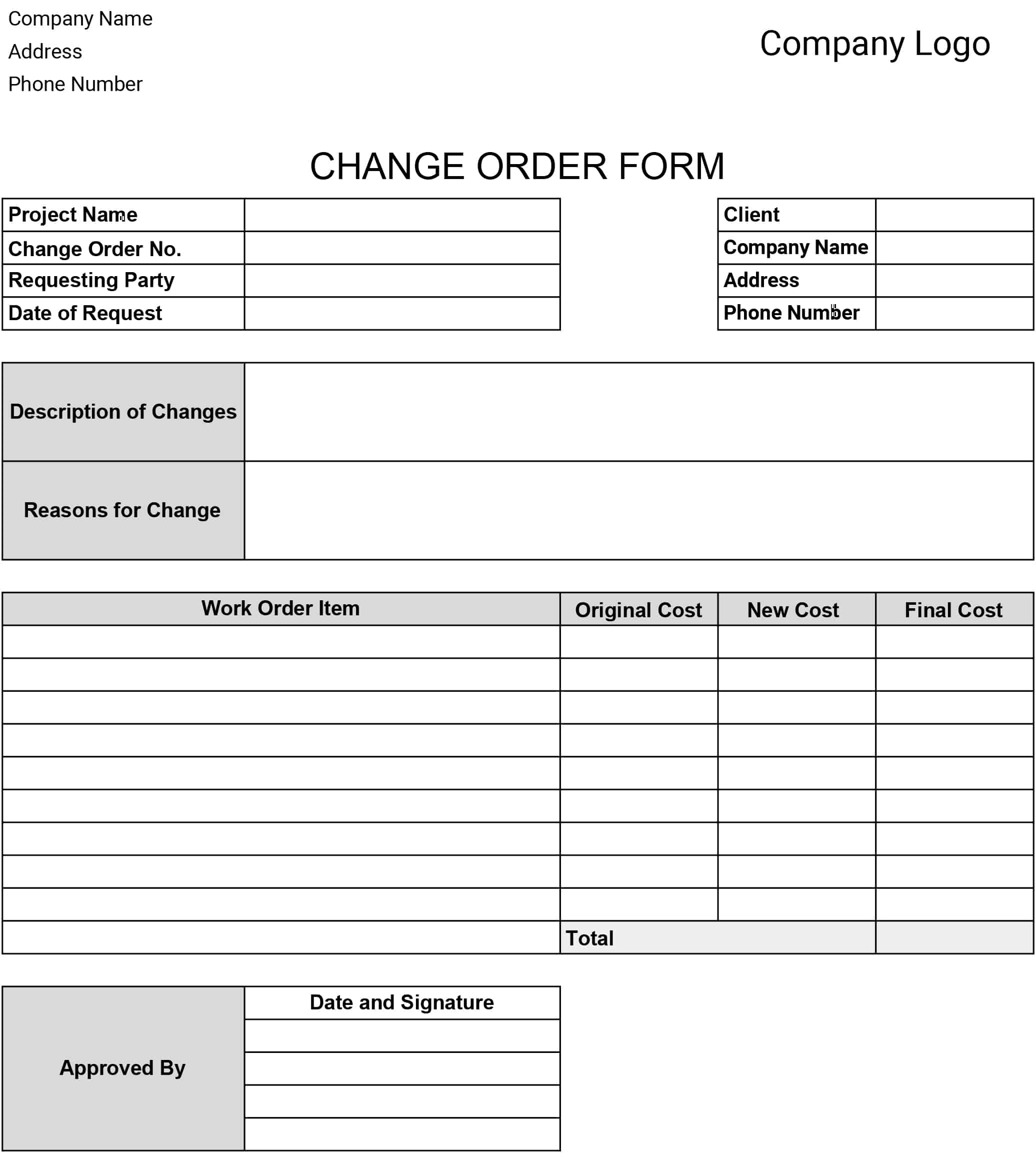 Free Printable Construction Change Order Forms