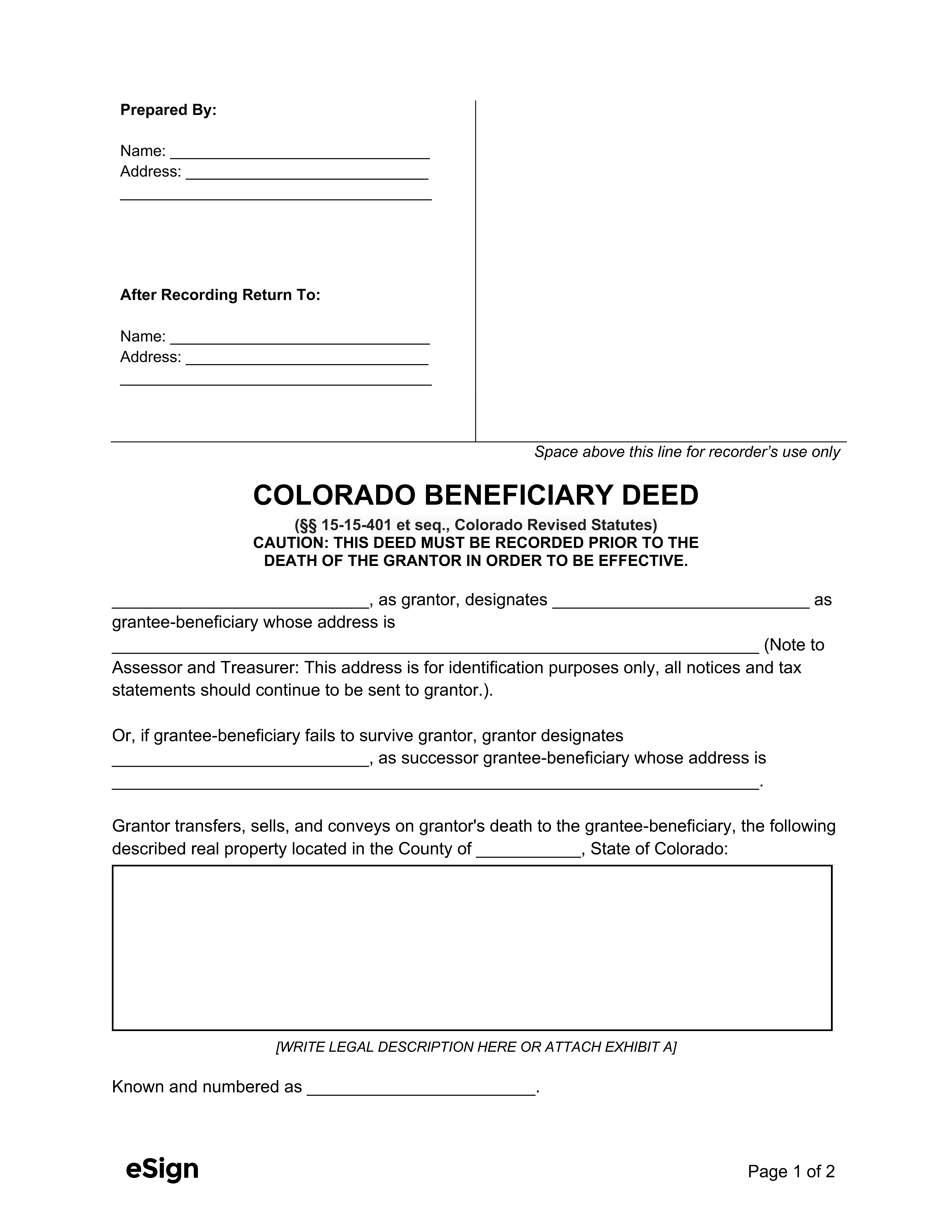 Free Colorado Beneficiary Deed Form PDF Word