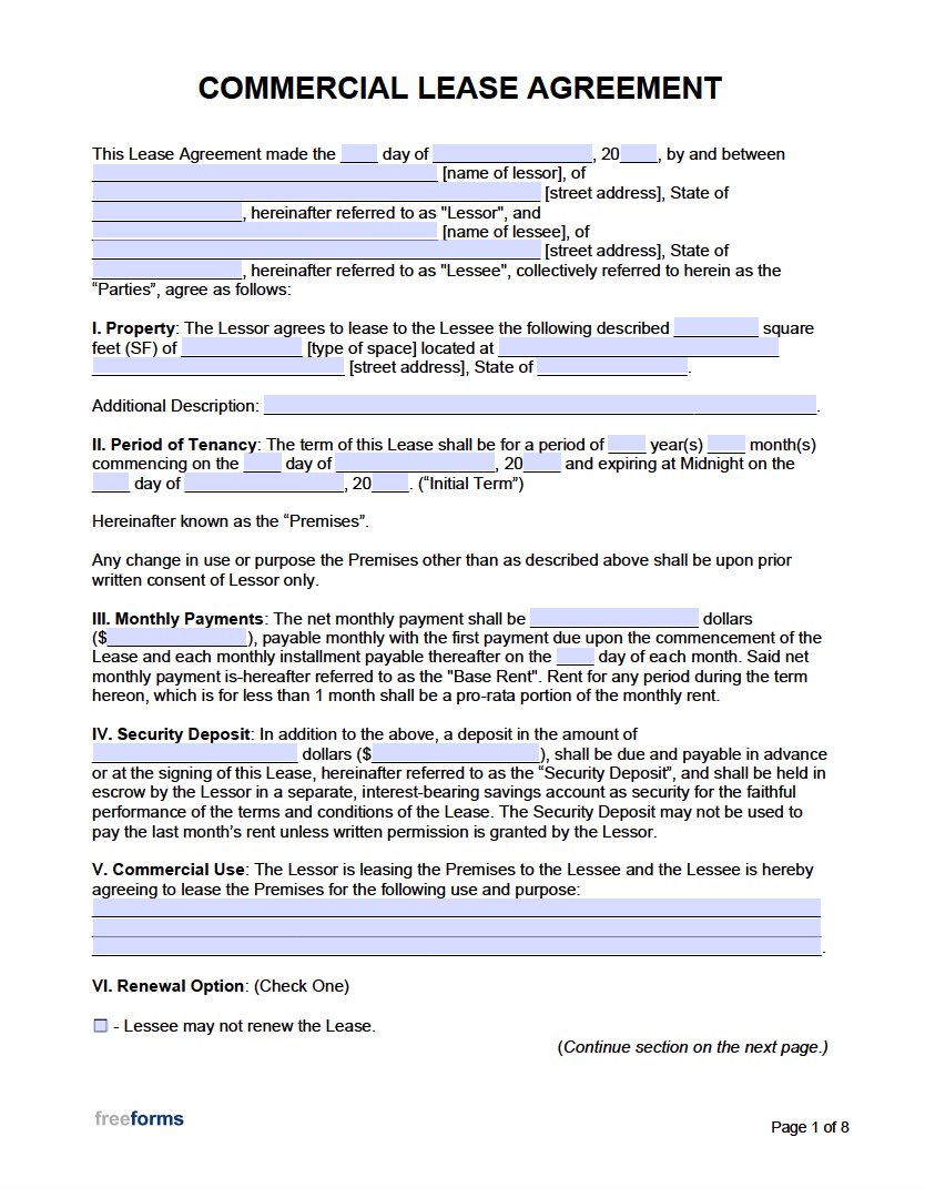 Free Printable Commercial Lease Agreement