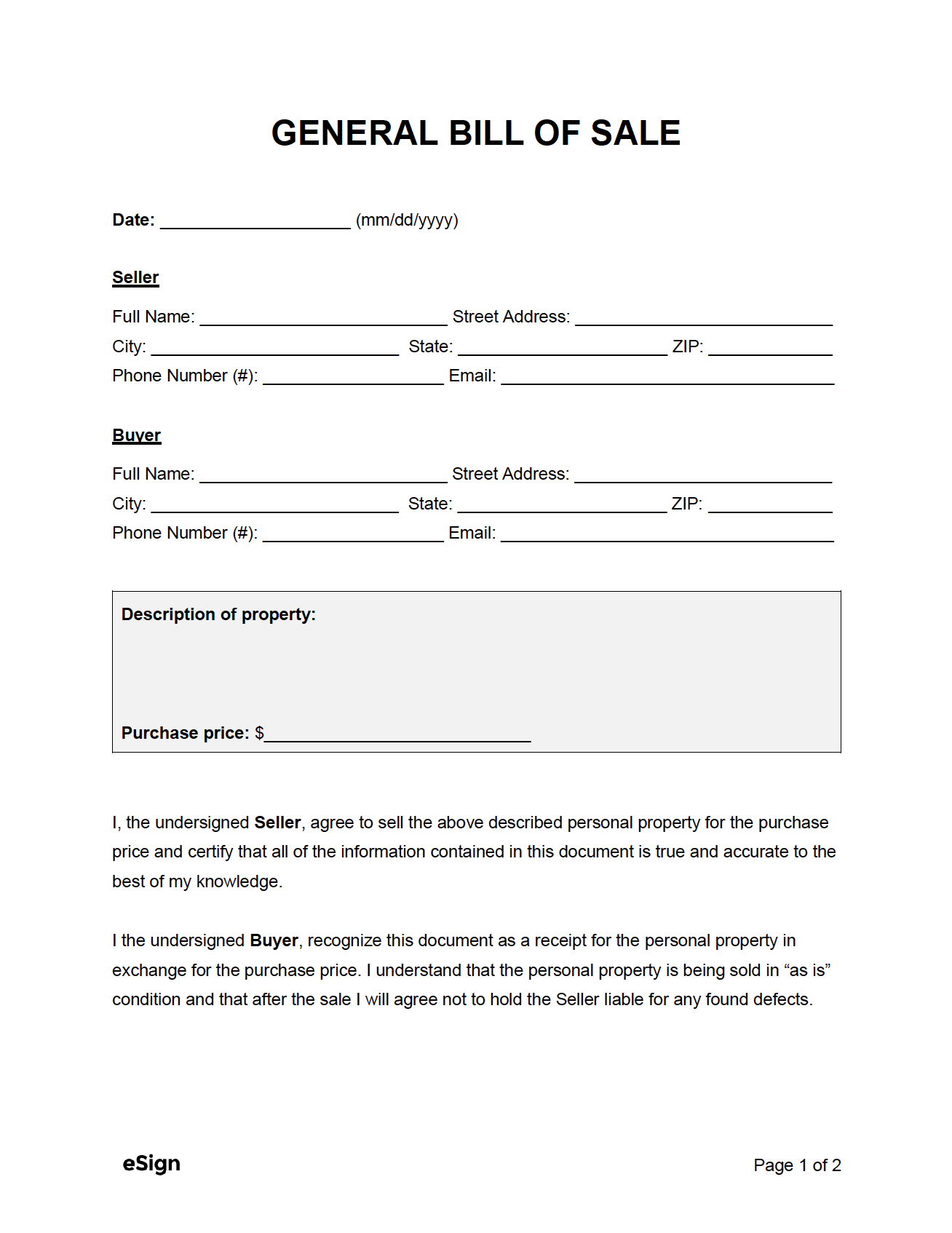 Bill Of Sale Form Free Printable