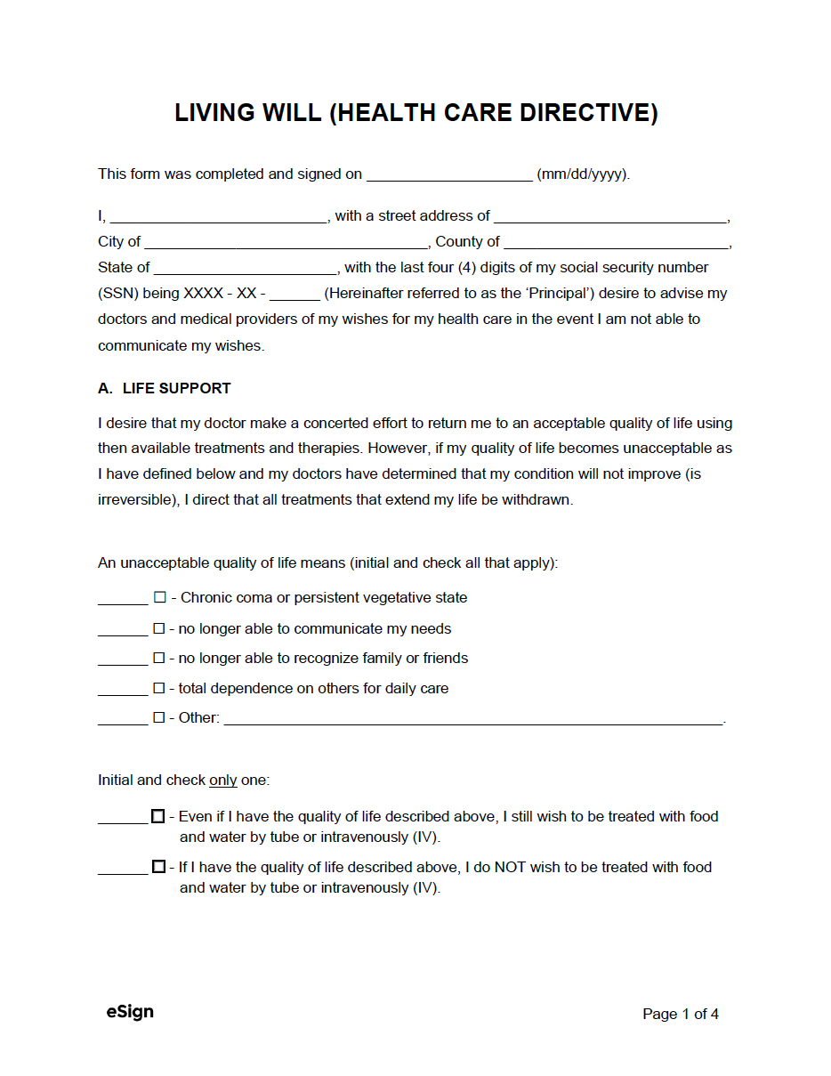 Free Printable Living Will Form