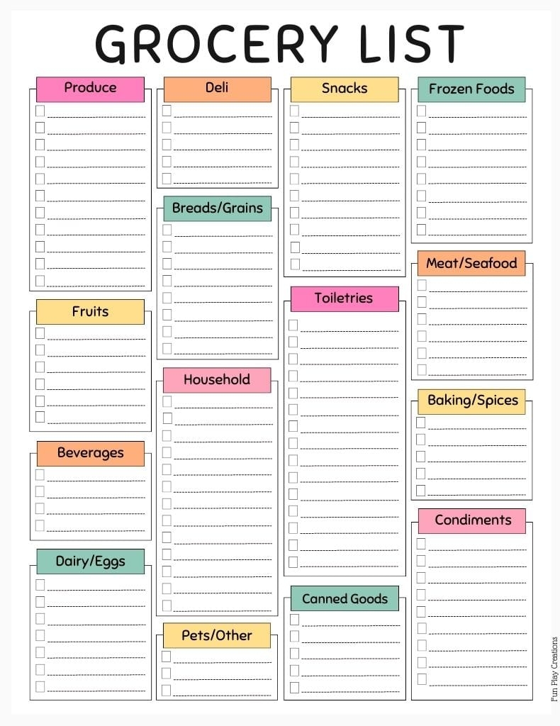 Grocery List Template Free Printable