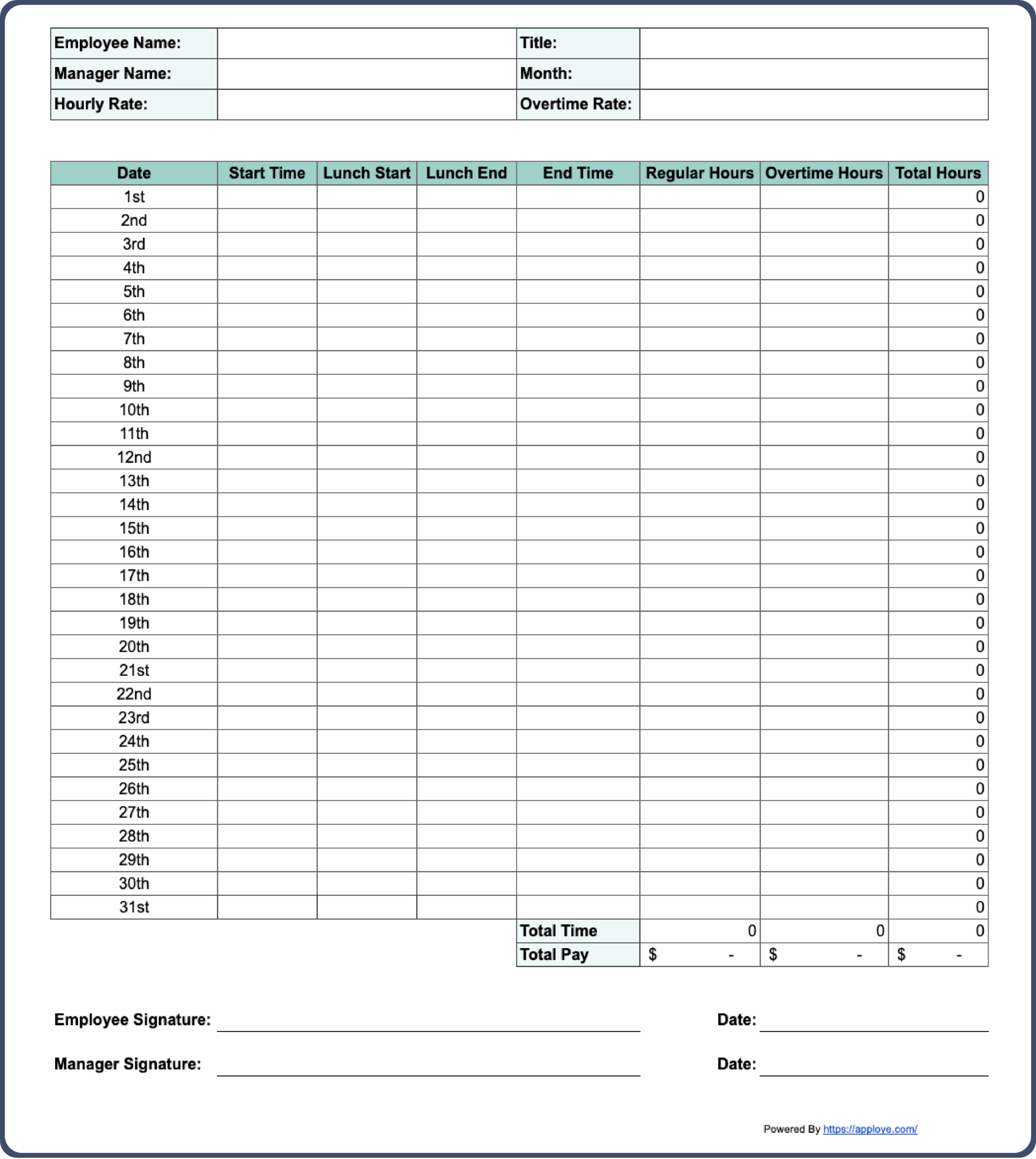 Free Printable Monthly Timesheet Template