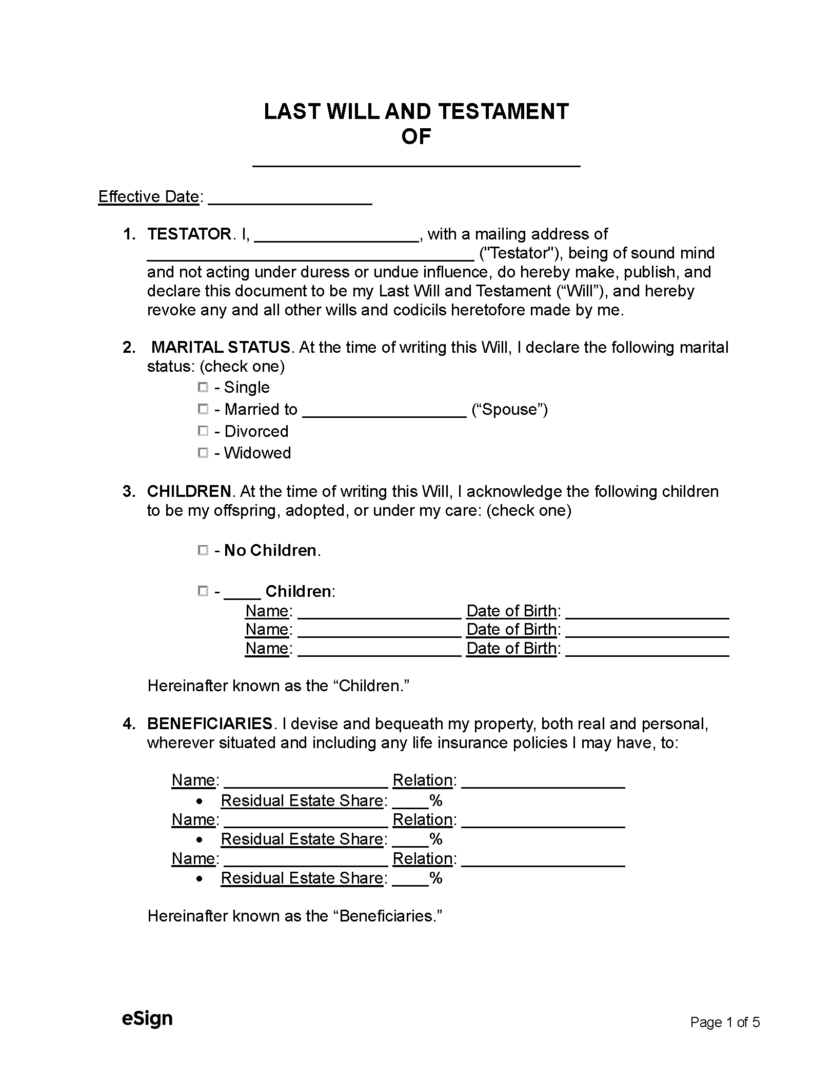 Free Printable Last Will And Testament