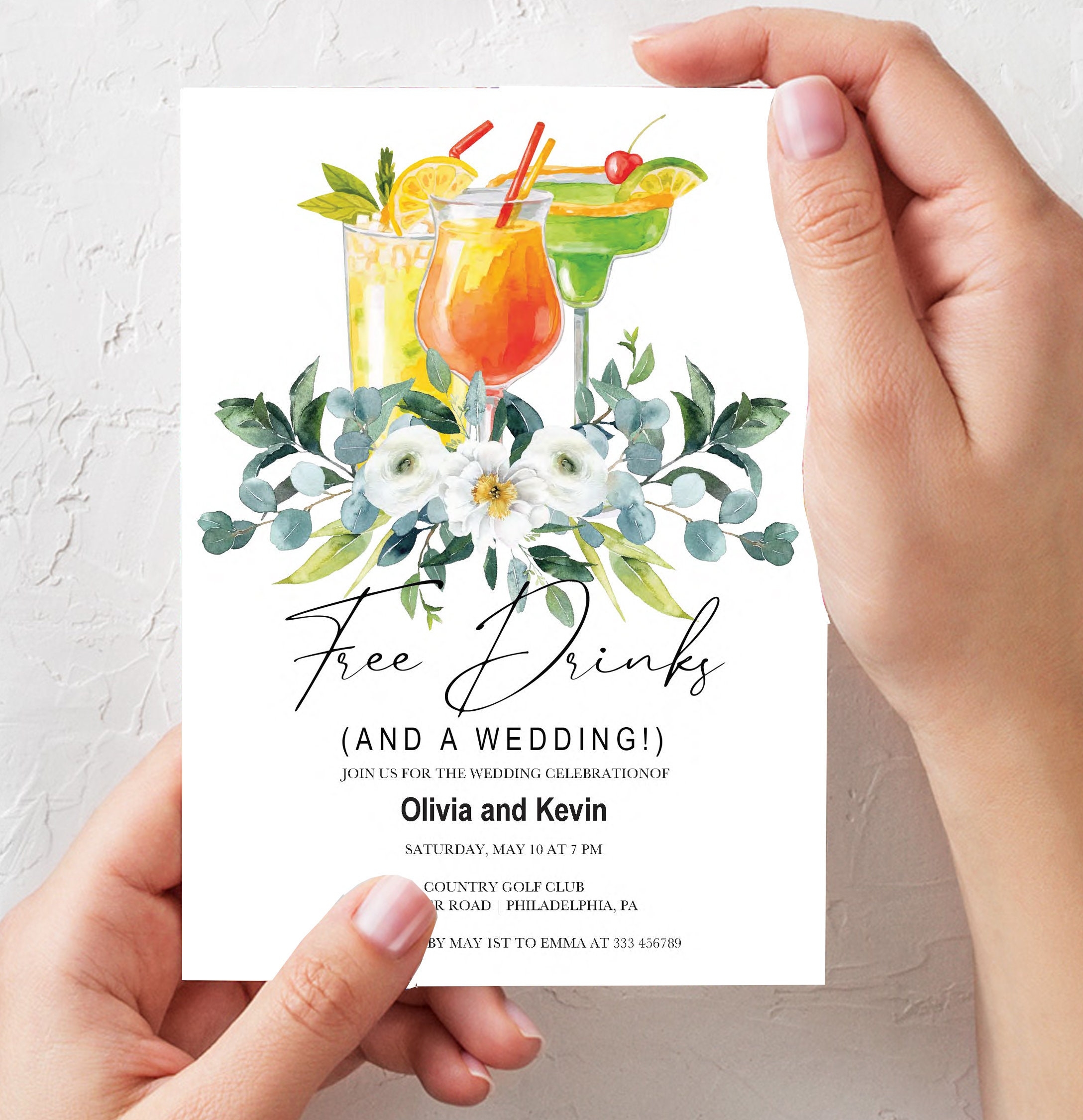 Funny Free Drinks Wedding Invitation Printable Cocktails And Flowers Watercolor Boho Invite Card Template Editable PDF
