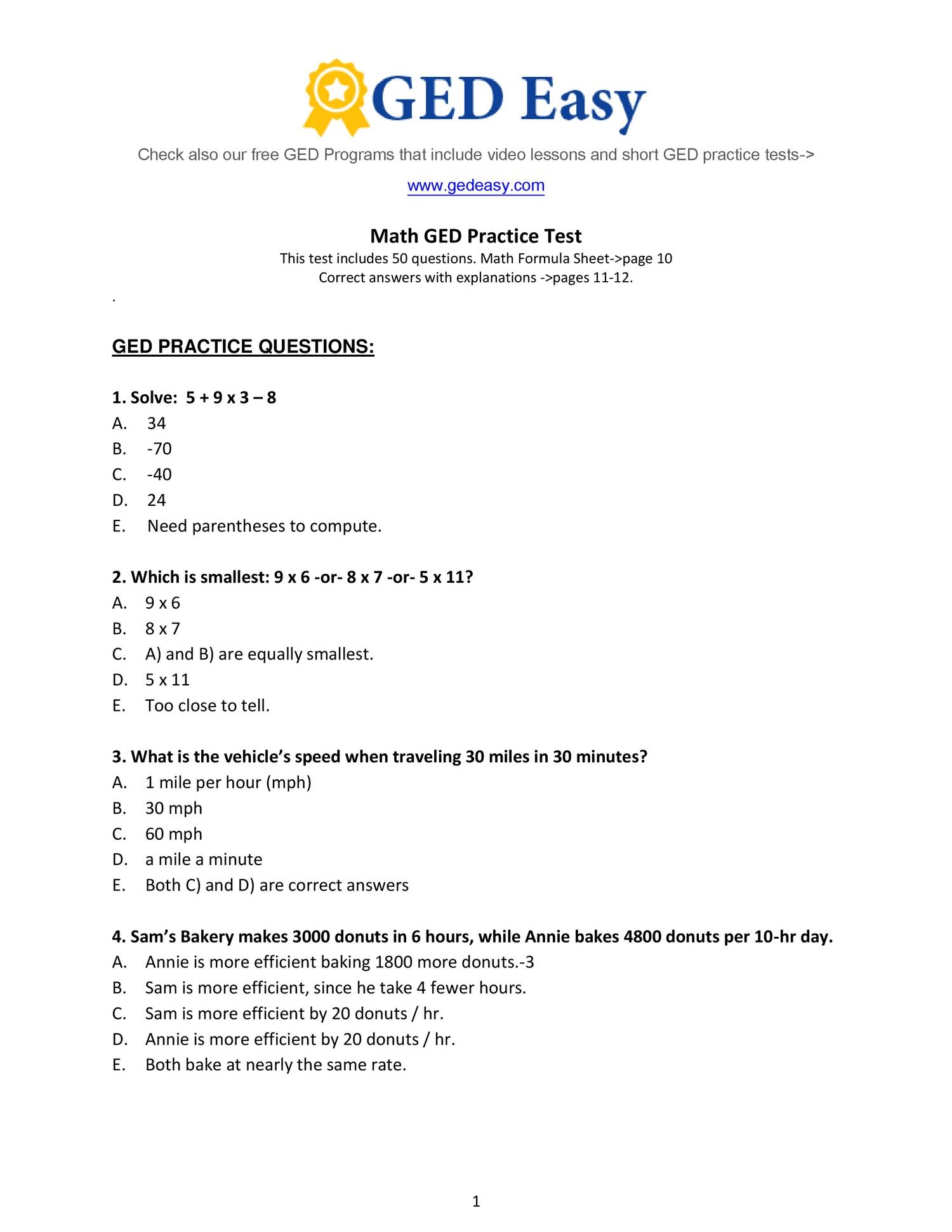 Ged Math Practice Test Free Printable