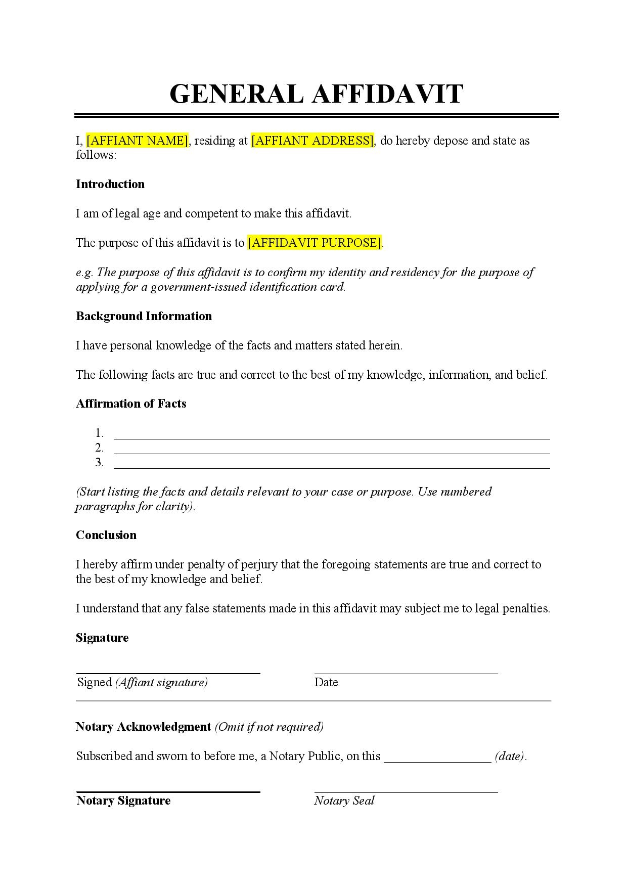 Free Printable Blank Affidavit Form