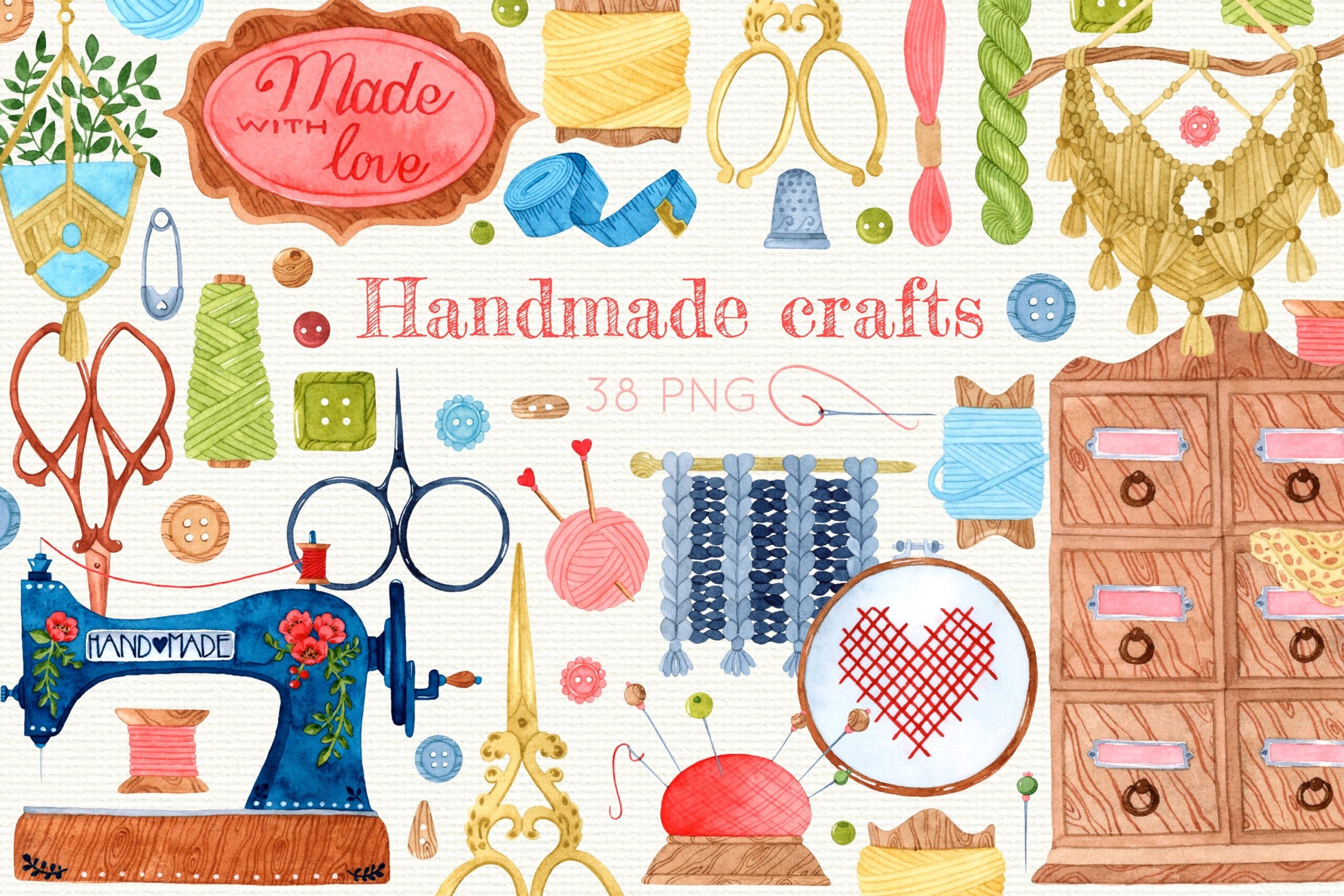 Handmade Crafts Knitting And Sewing Watercolor Set 38 PNG