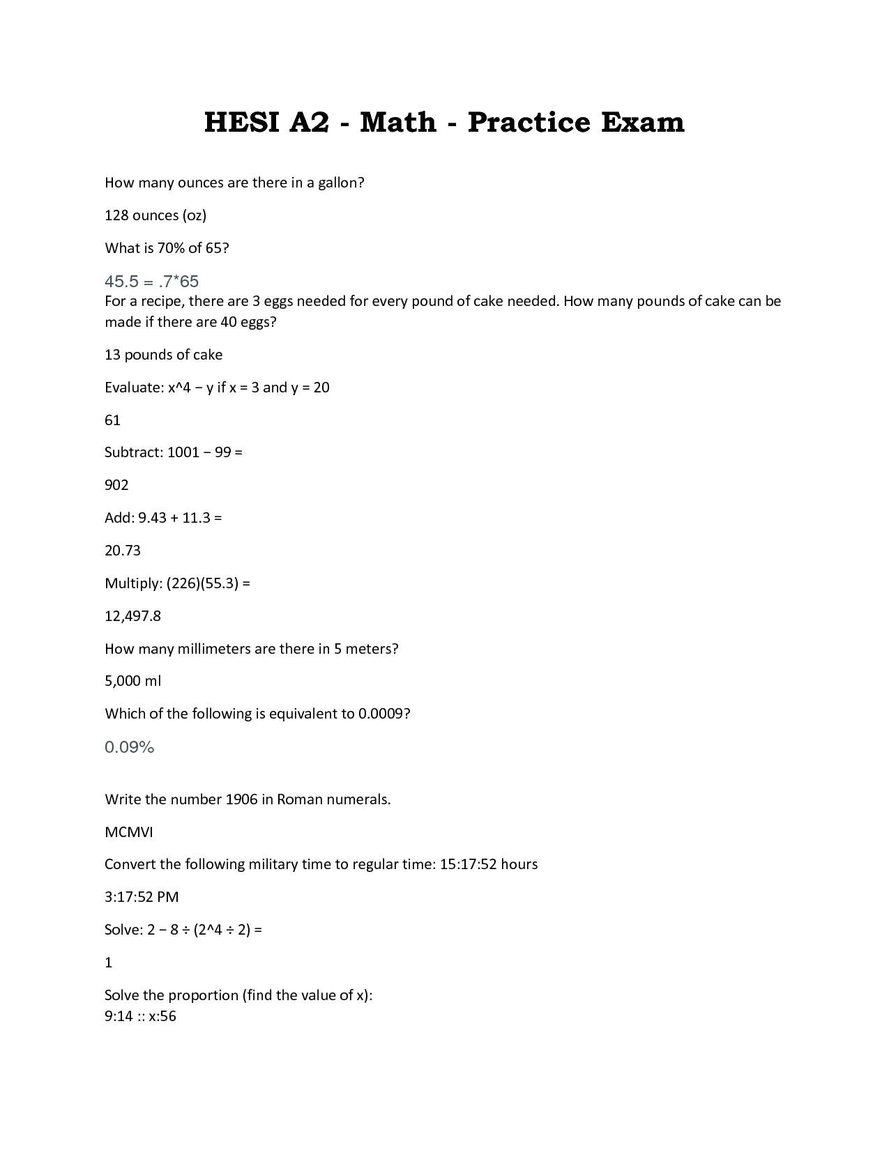 Hesi math questions with answers all correct Study Guid Worksheets Library