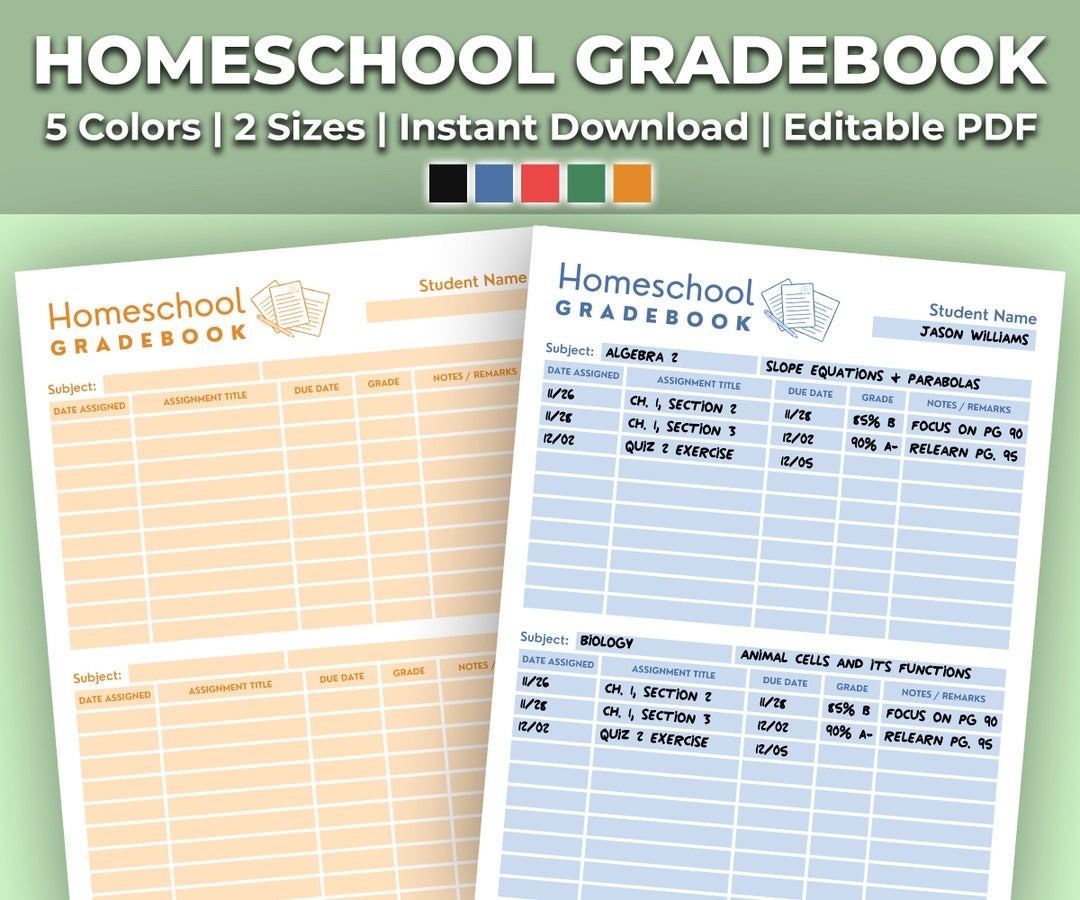 Homeschool Gradebook Printable Homeschool Grading Sheet Template Kit Perfect For Homeschool Students And Teachers 2 Sizes 5 Colors Etsy Denmark