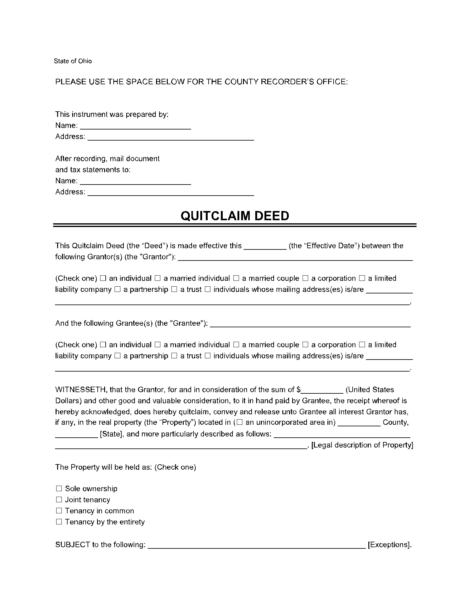 Ohio Quit Claim Deed Form Free Template CocoSign