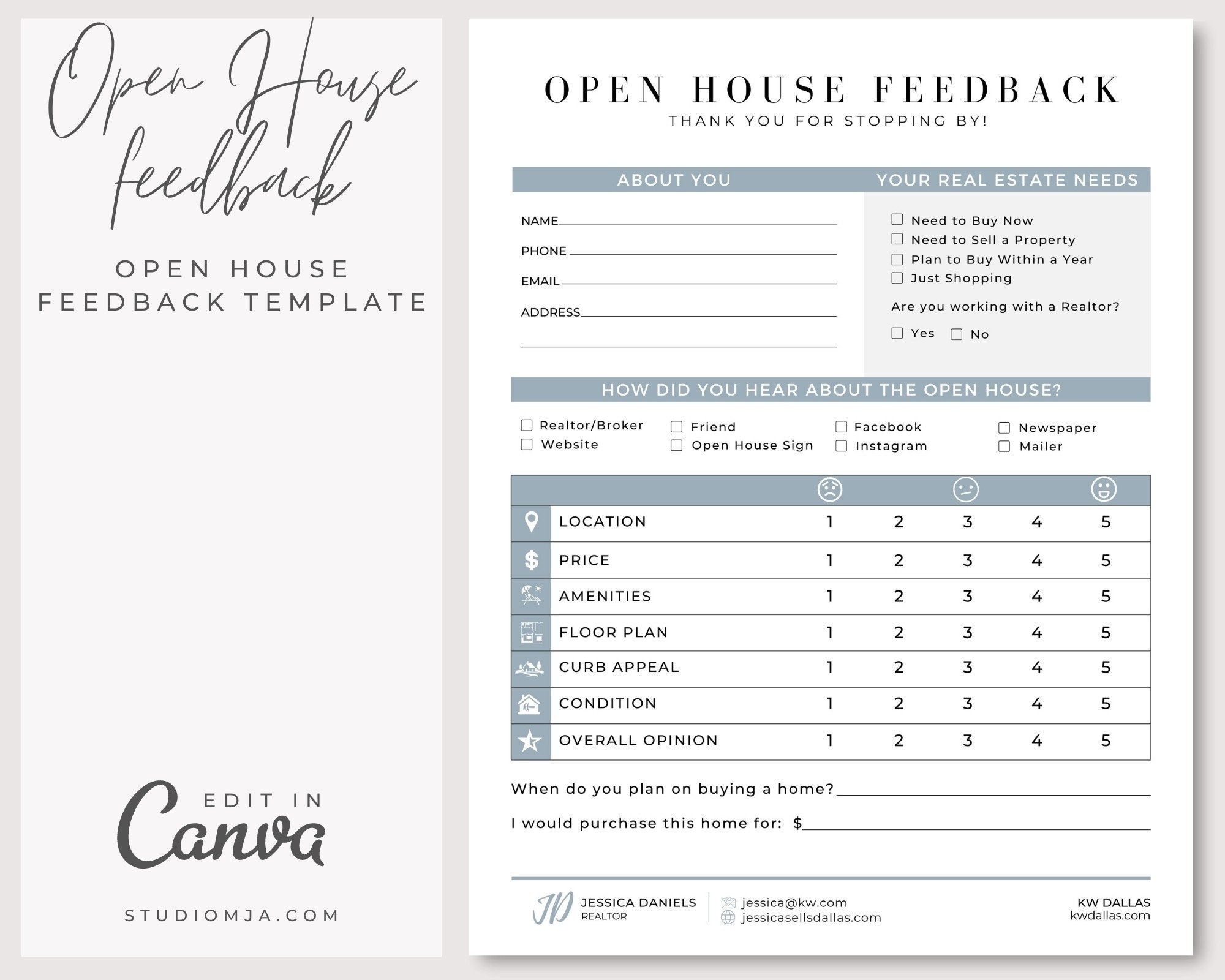 Open House Feedback Form Open House Signin Canva Template Realtor Download Template Etsy