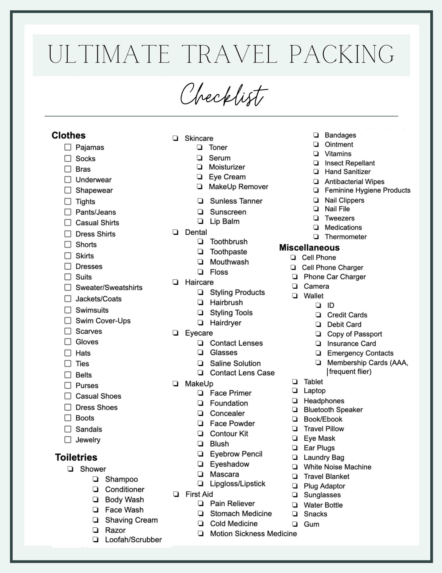 Free Printable Packing List For Vacation