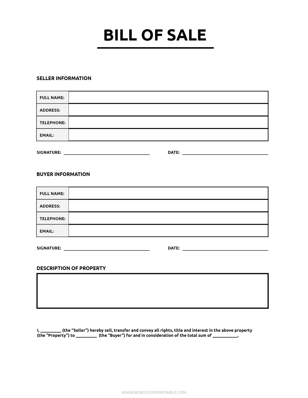 Bill Of Sale Free Printable