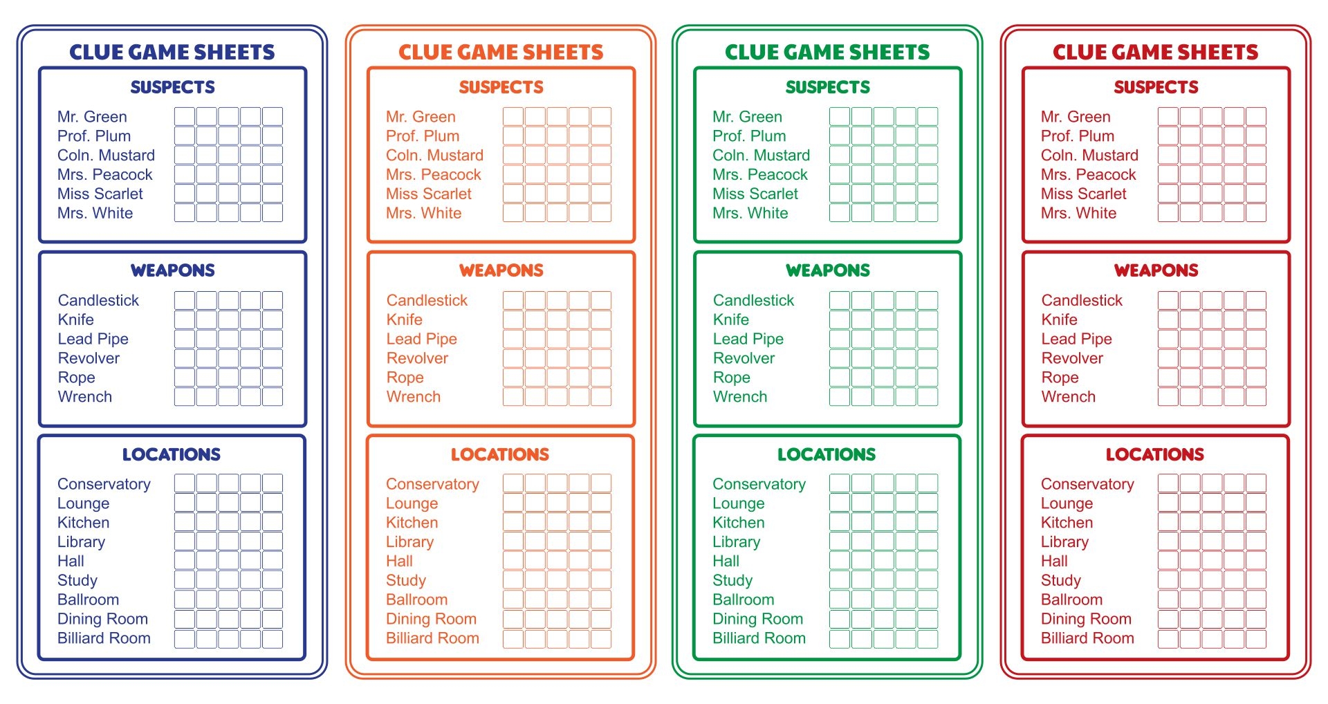 Free Printable Clue Game Sheets