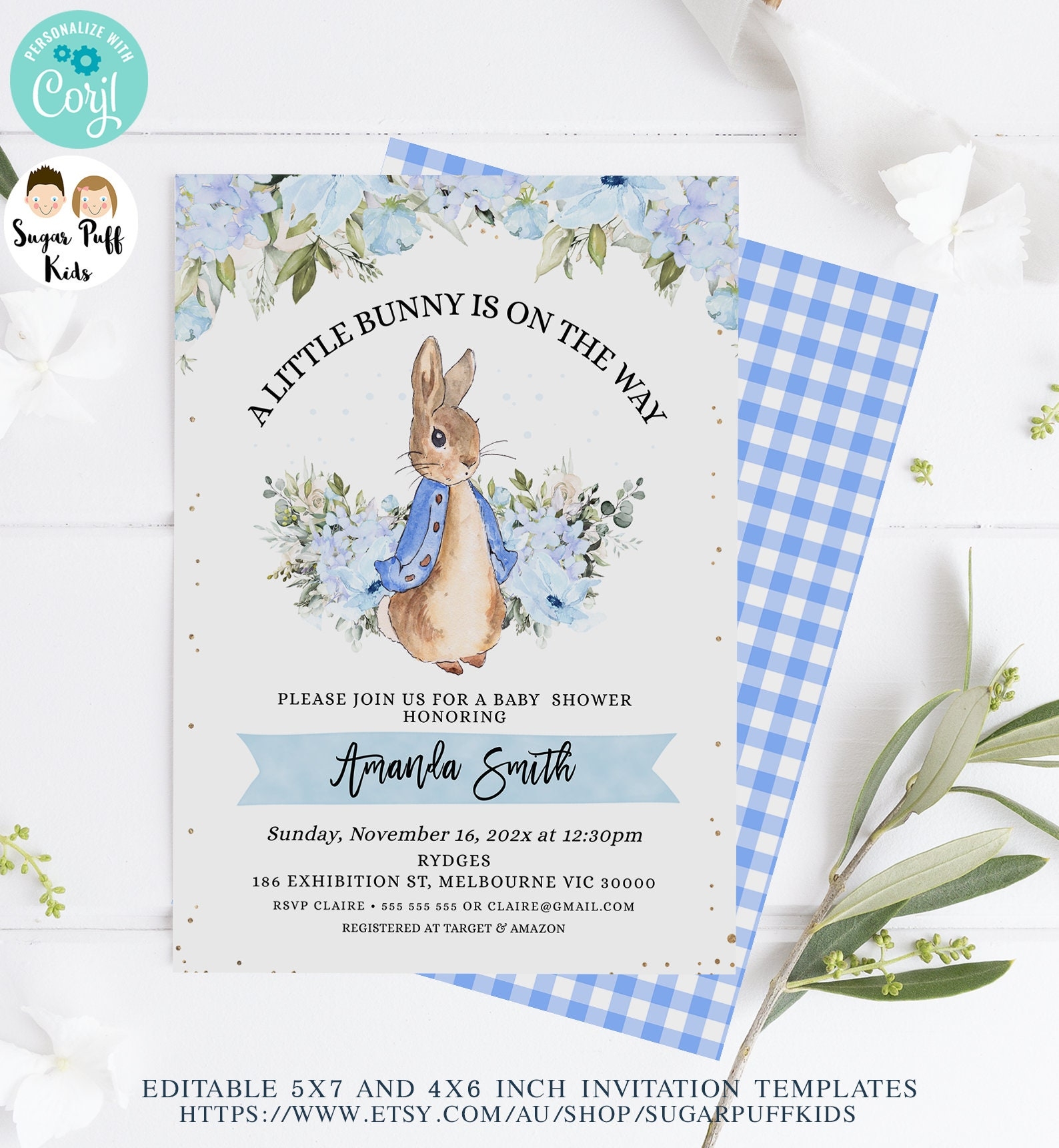 Printable Peter Rabbit Baby Shower Invite Editable Blue Floral Little Bunny Baby Shower Invite Instant Peter Rabbit Baby Shower Invite Etsy