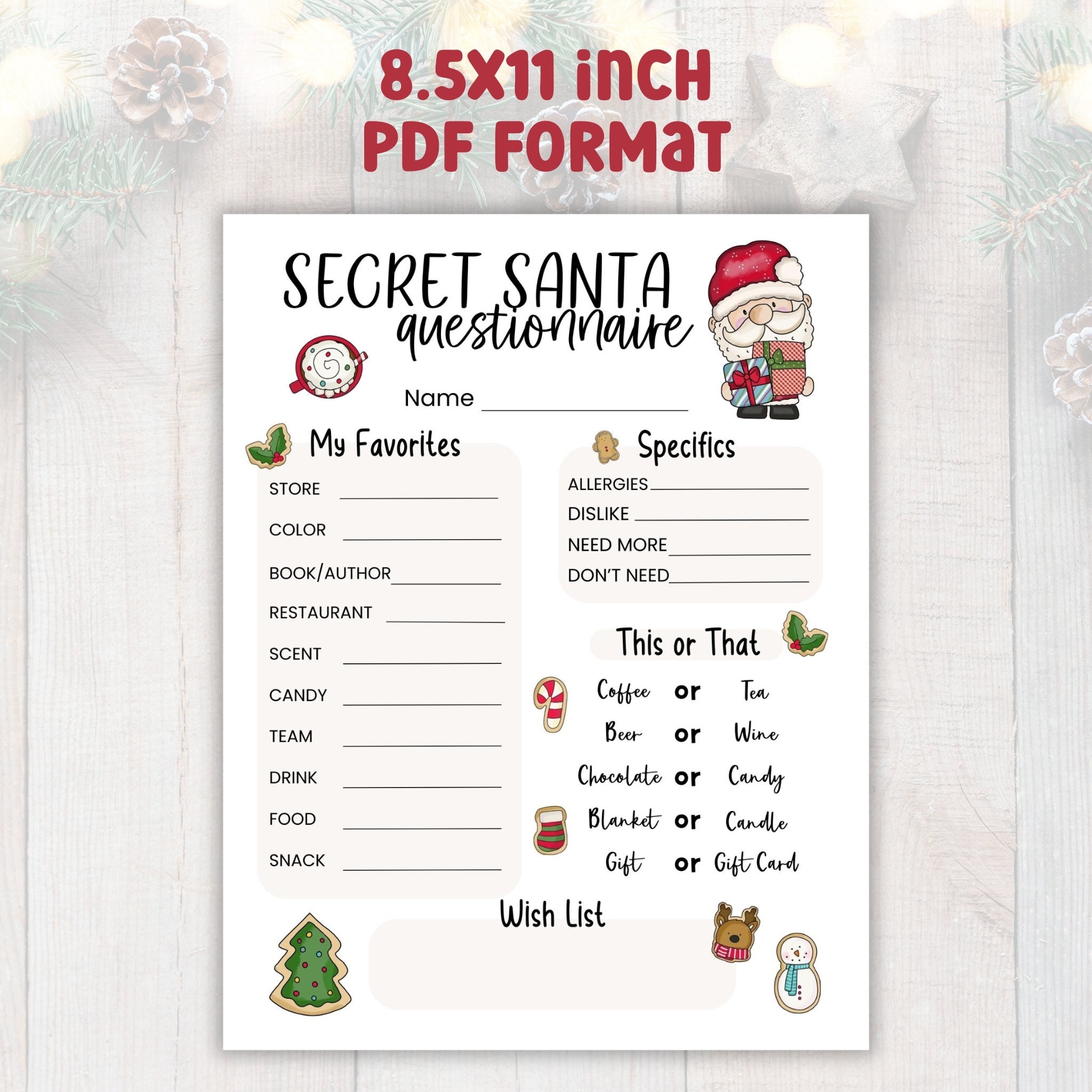 Printable Secret Santa Questionnaire Christmas Holiday Gift Exchange Questions Form For Work Office Coworkers Neighbors Friends PDF Etsy