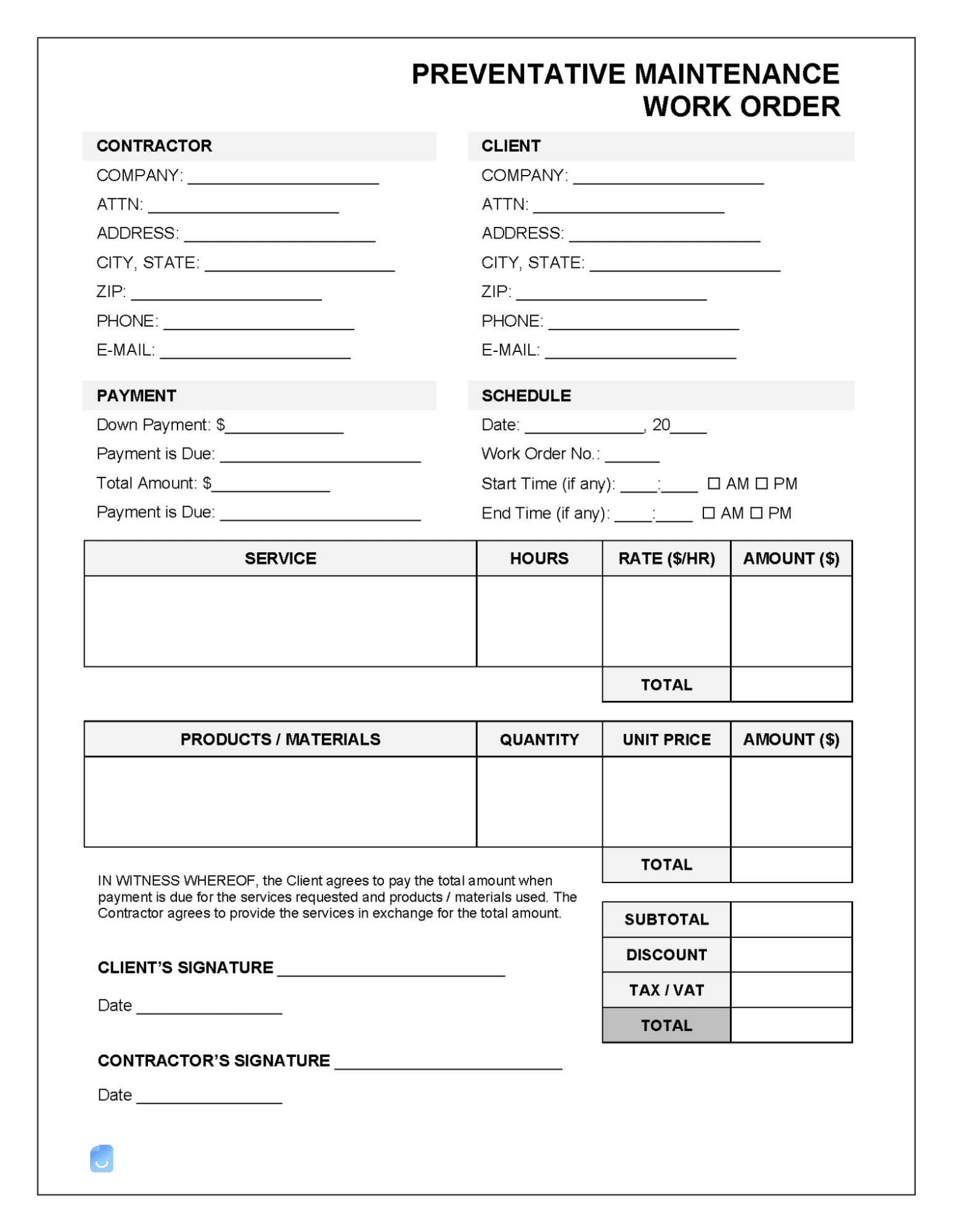 Free Printable Work Order Forms