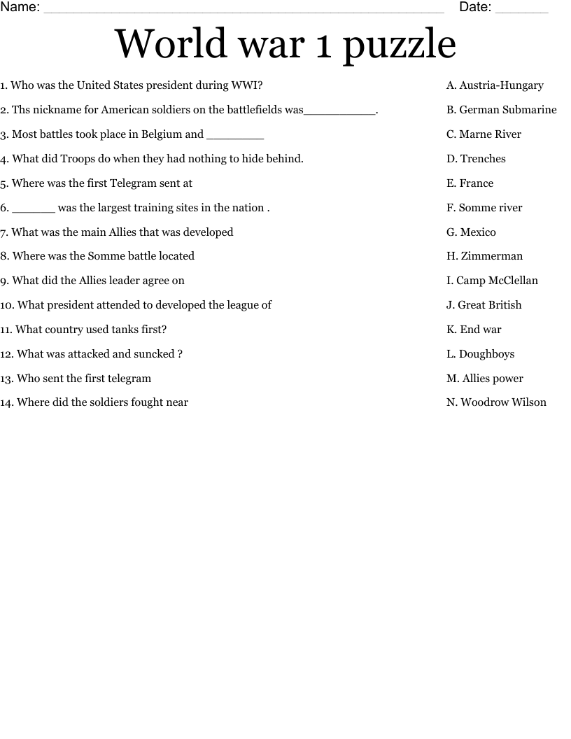World War 1 Puzzle Worksheet WordMint