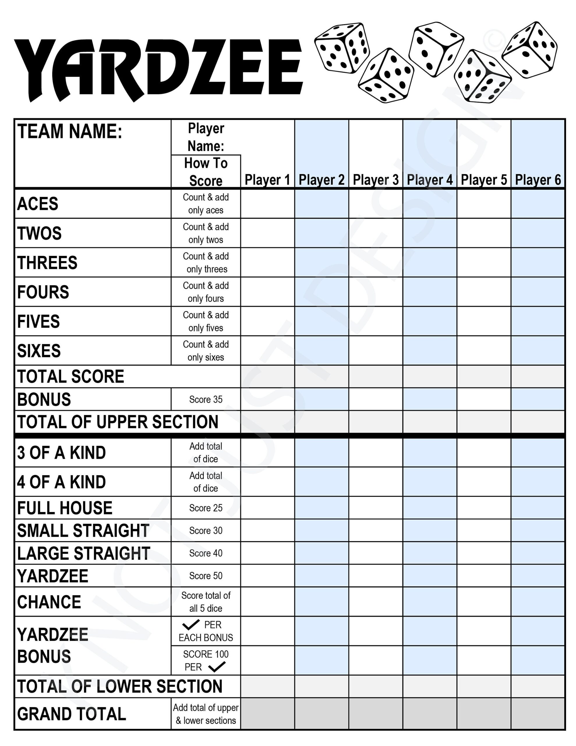 Free Printable Yardzee Score Card